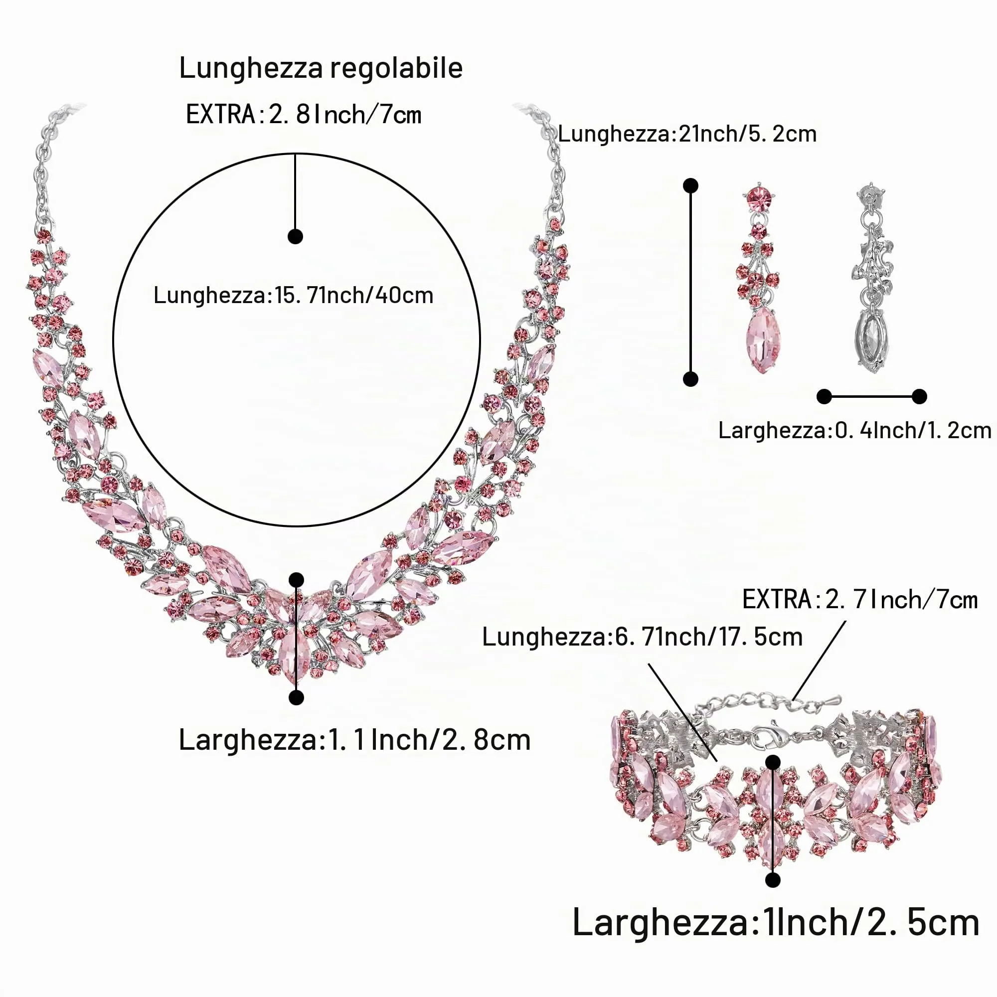 Clearine Set di gioielli da sposa con cristalli di marquise, collana, orecchini e bracciale in lega d'argento - immagine 5