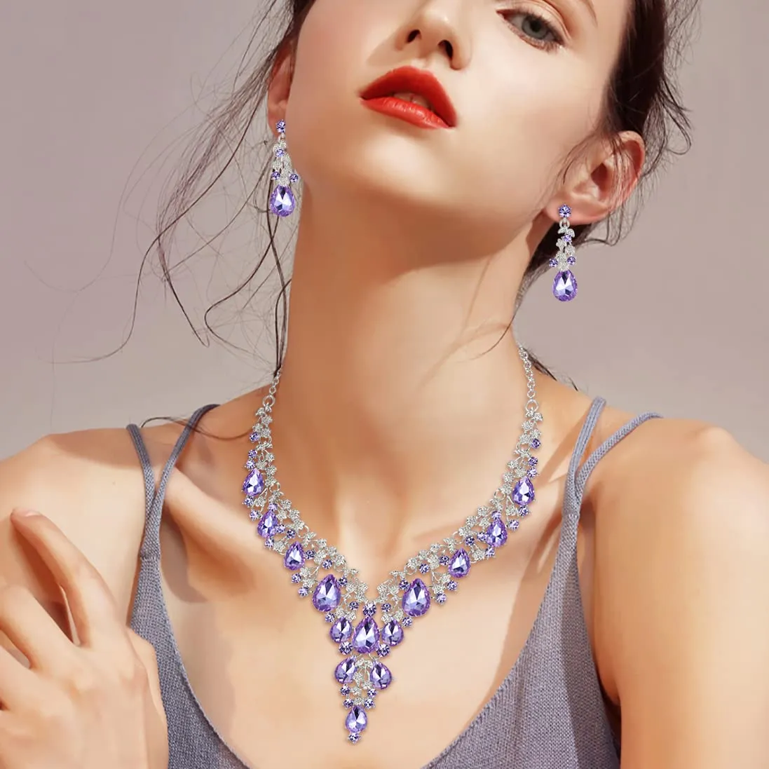 Clearine Wedding Jewellery Set Rhinestone Cluster Drop Necklace and Earrings, Purple Silver-Tone - immagine 2