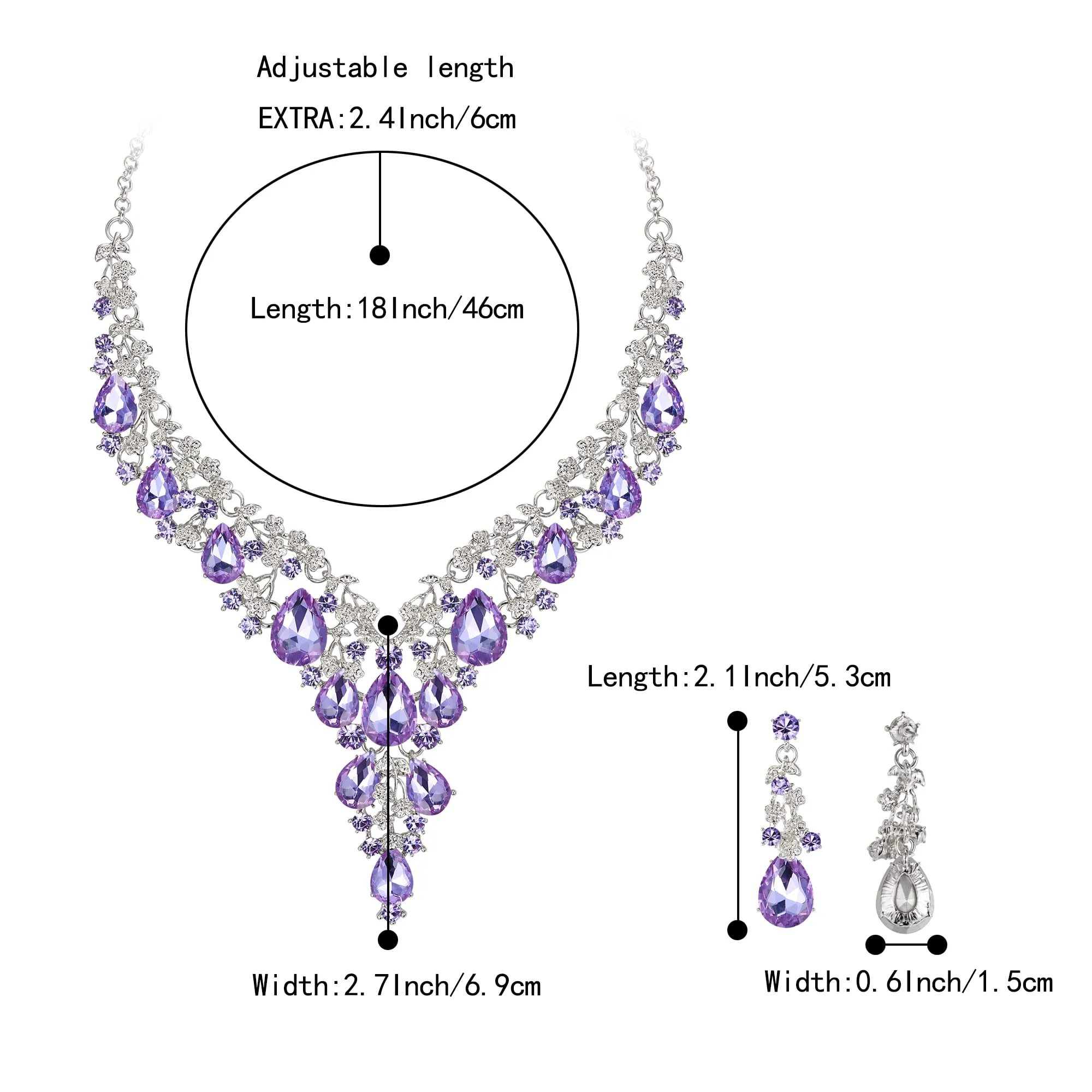 Clearine Wedding Jewellery Set Rhinestone Cluster Drop Necklace and Earrings, Purple Silver-Tone - immagine 4