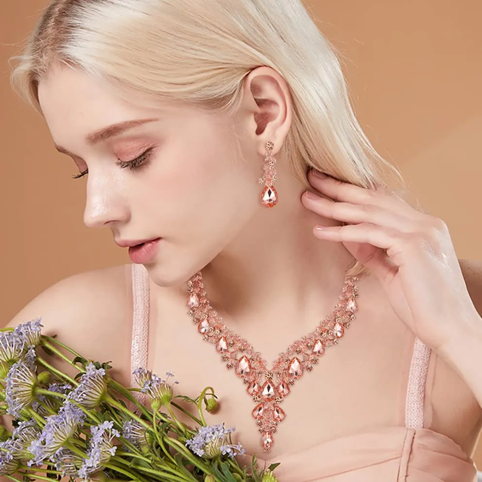 Clearine Sposa Jewellery Set Goccia Strass Cluster Collana e Orecchini Pendenti Pesca Rosa-Oro-Fondo - immagine 2