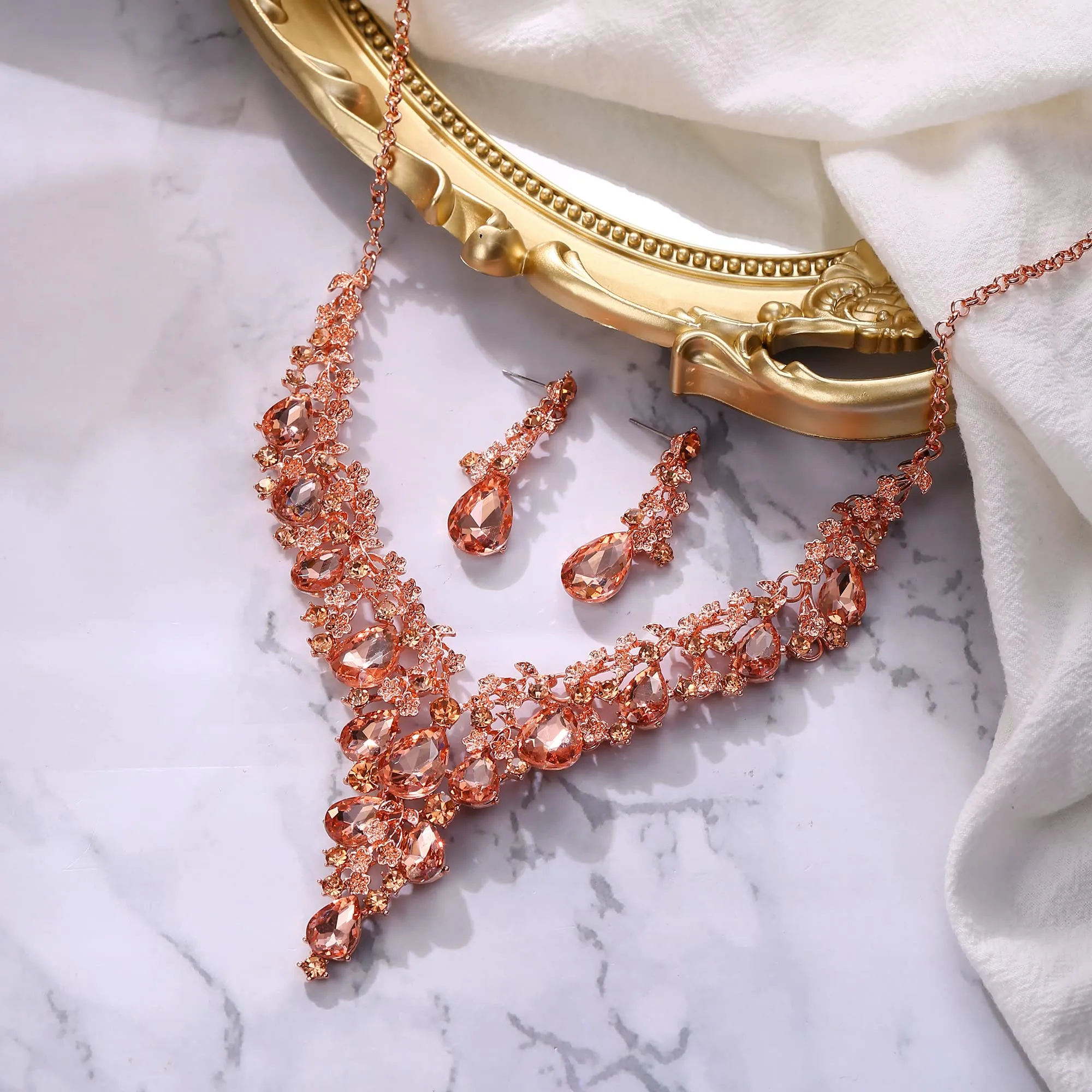 Clearine Sposa Jewellery Set Goccia Strass Cluster Collana e Orecchini Pendenti Pesca Rosa-Oro-Fondo - immagine 3