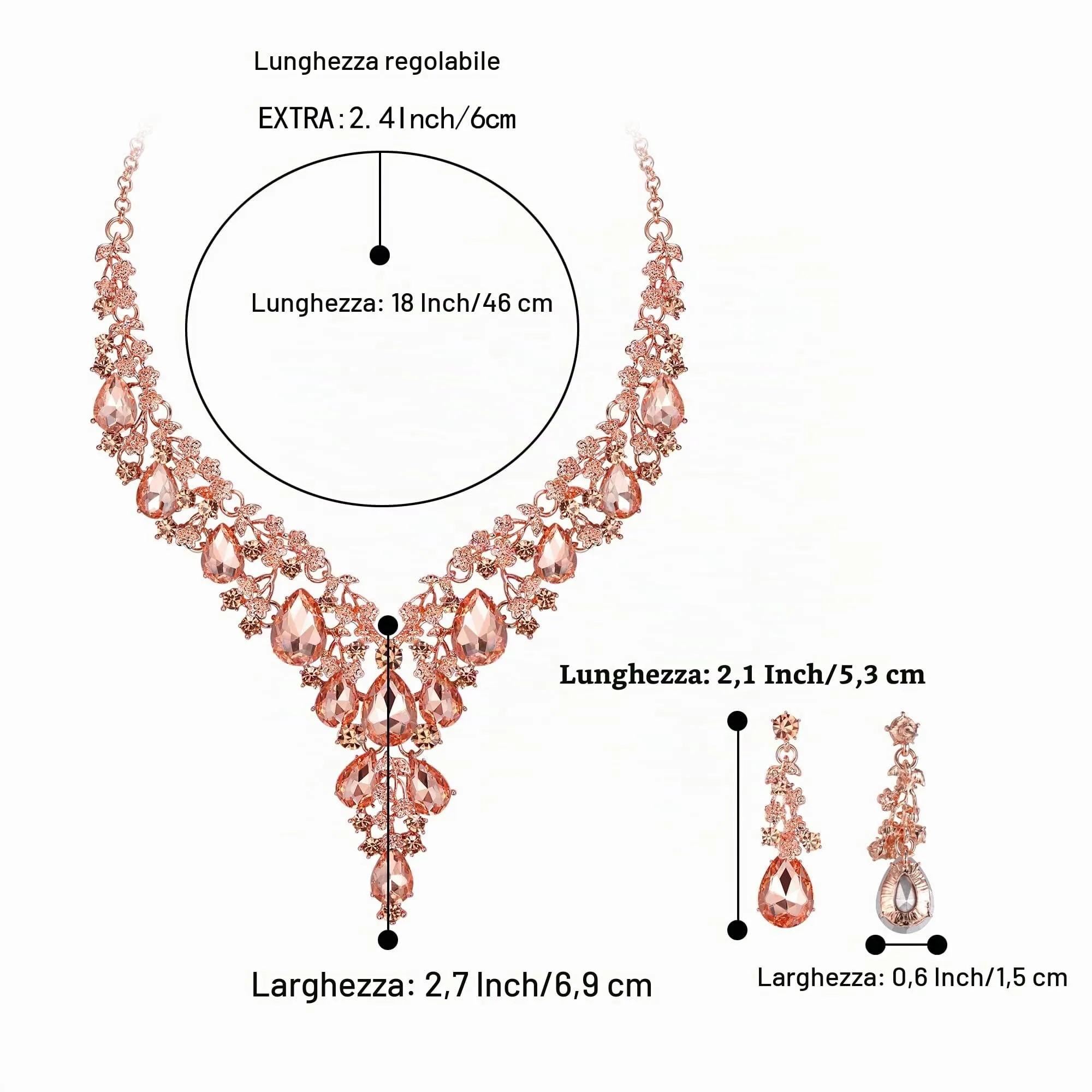 Clearine Sposa Jewellery Set Goccia Strass Cluster Collana e Orecchini Pendenti Pesca Rosa-Oro-Fondo - immagine 4