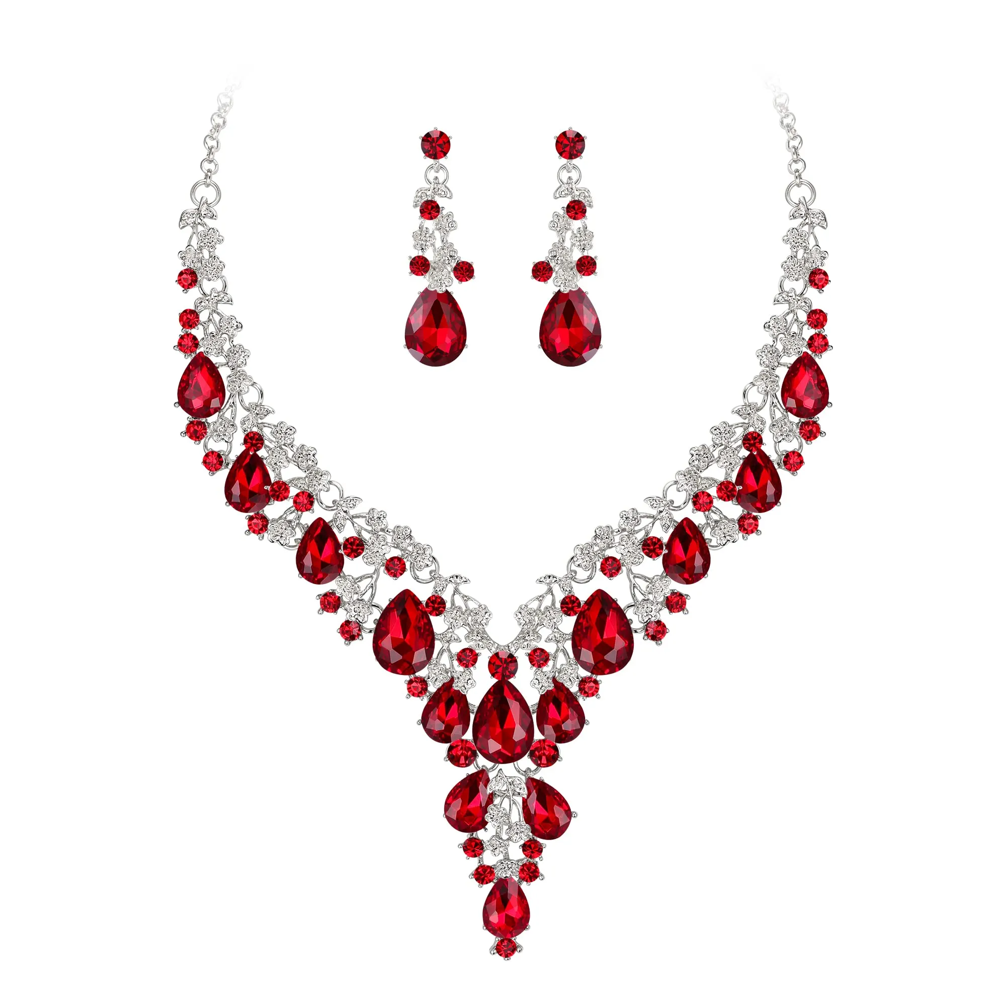 Clearine Set Gioielli Sposa con Collana e Orecchini a Goccia in Strass, Rosso e Argento - immagine 1