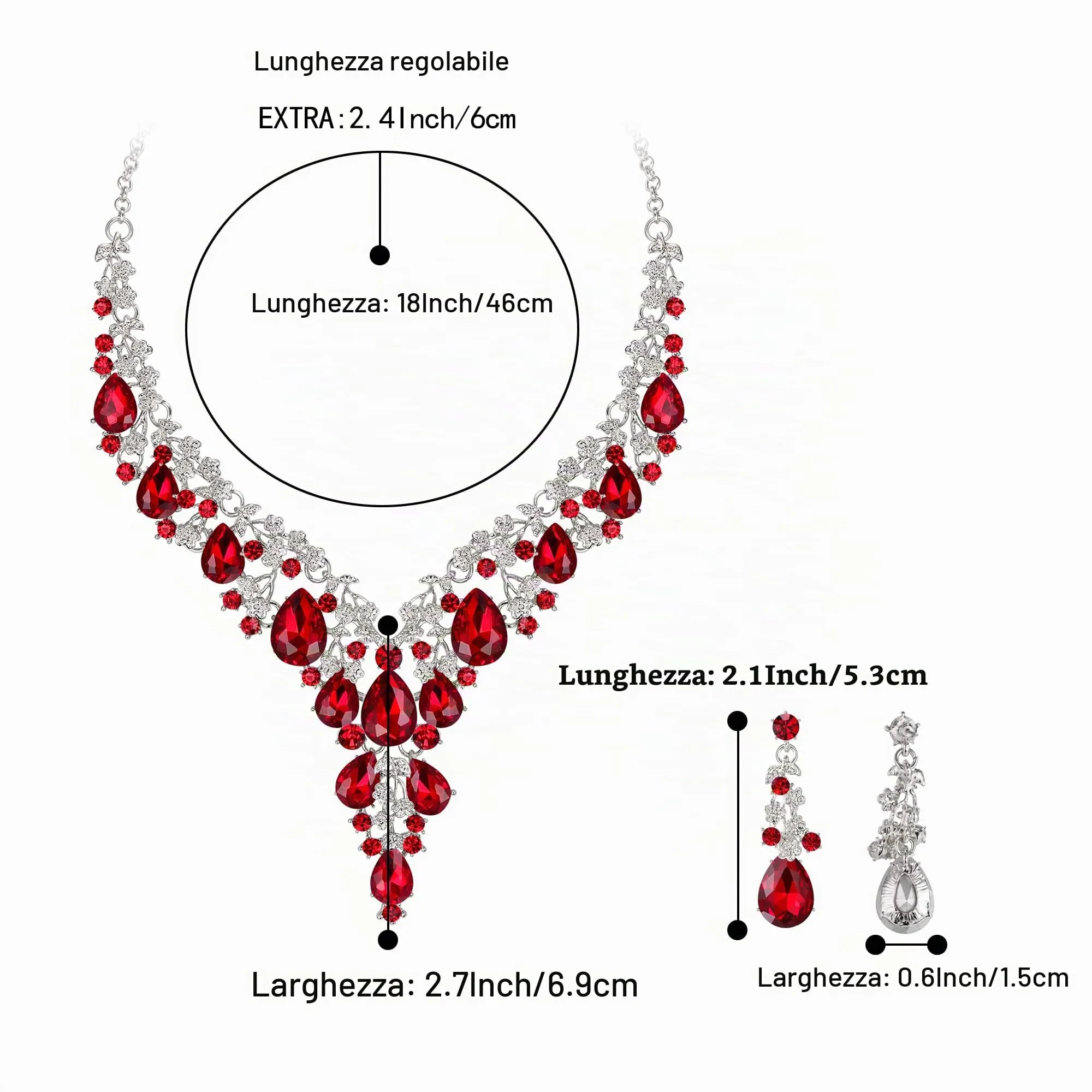 Clearine Set Gioielli Sposa con Collana e Orecchini a Goccia in Strass, Rosso e Argento - immagine 4