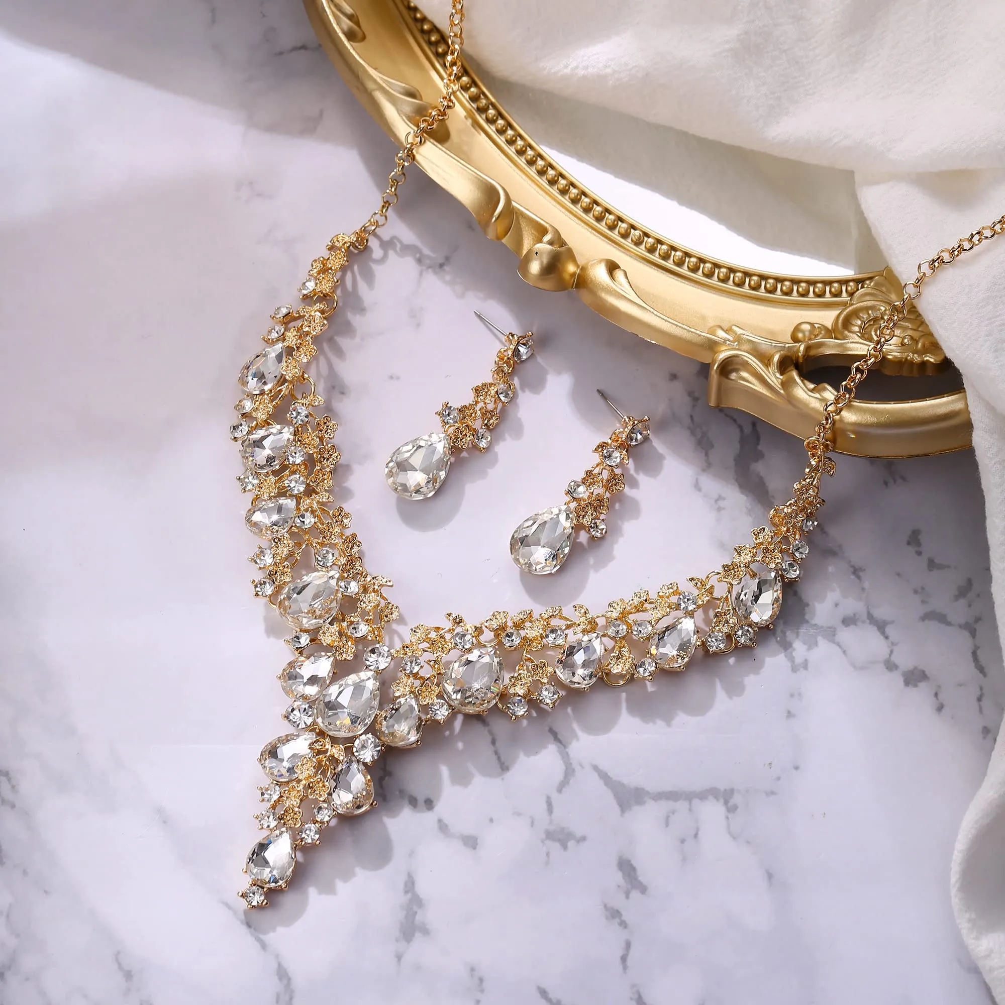 Clearine Matrimonio Sposa Jewellery Set Goccia Strass Cluster Collana e Orecchini Pendenti Trasparente Oro-Fondo - immagine 3