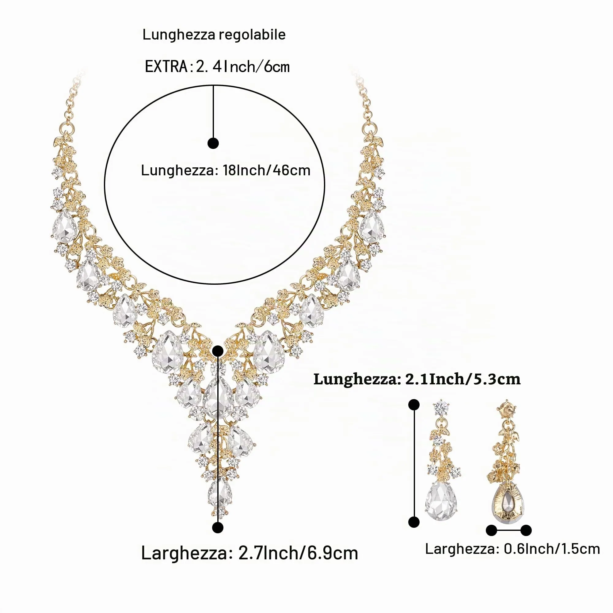Clearine Matrimonio Sposa Jewellery Set Goccia Strass Cluster Collana e Orecchini Pendenti Trasparente Oro-Fondo - immagine 4