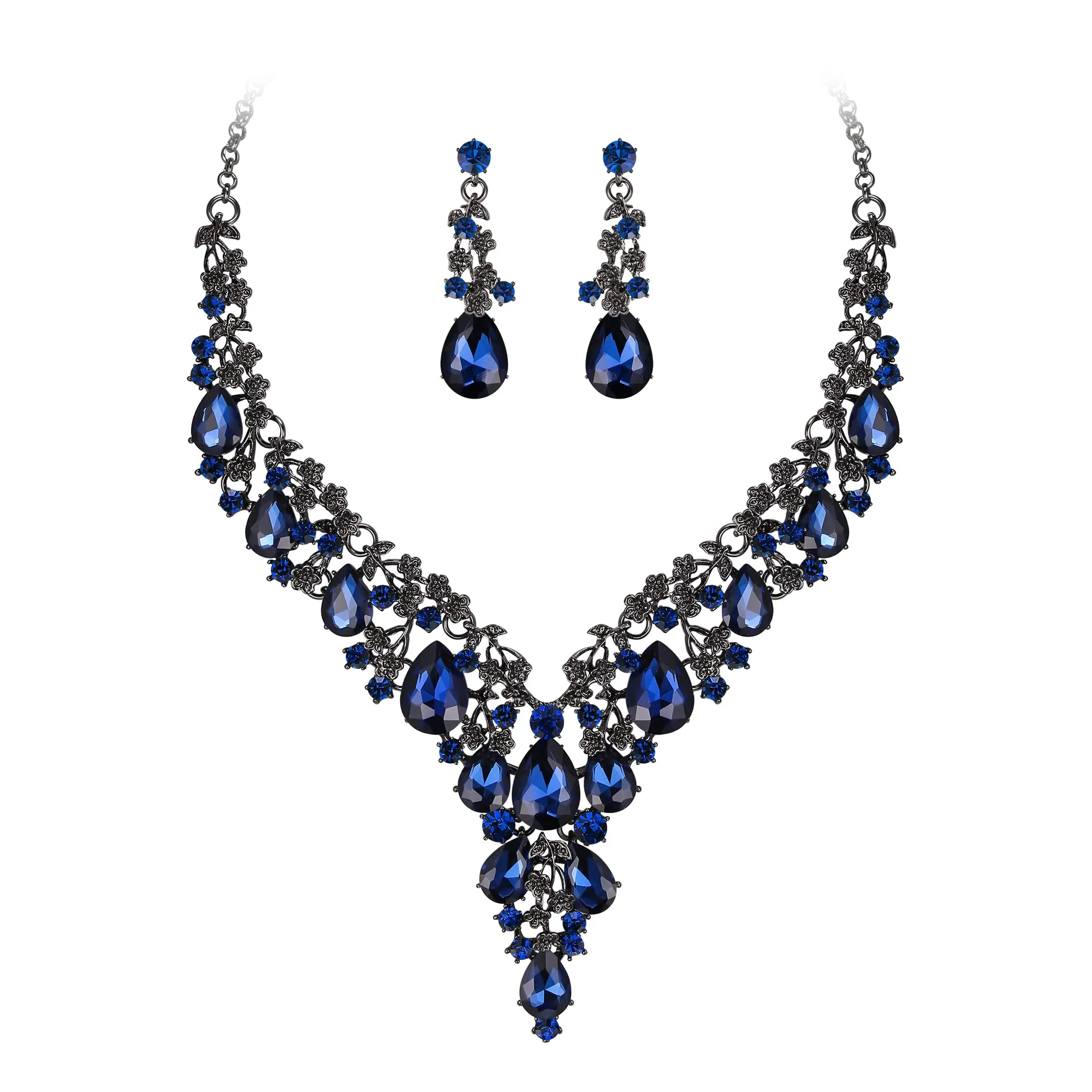 Clearine Set Gioielli Sposa Collana e Orecchini a Goccia in Strass, Zaffiro Colore Nero-Fondo - immagine 1