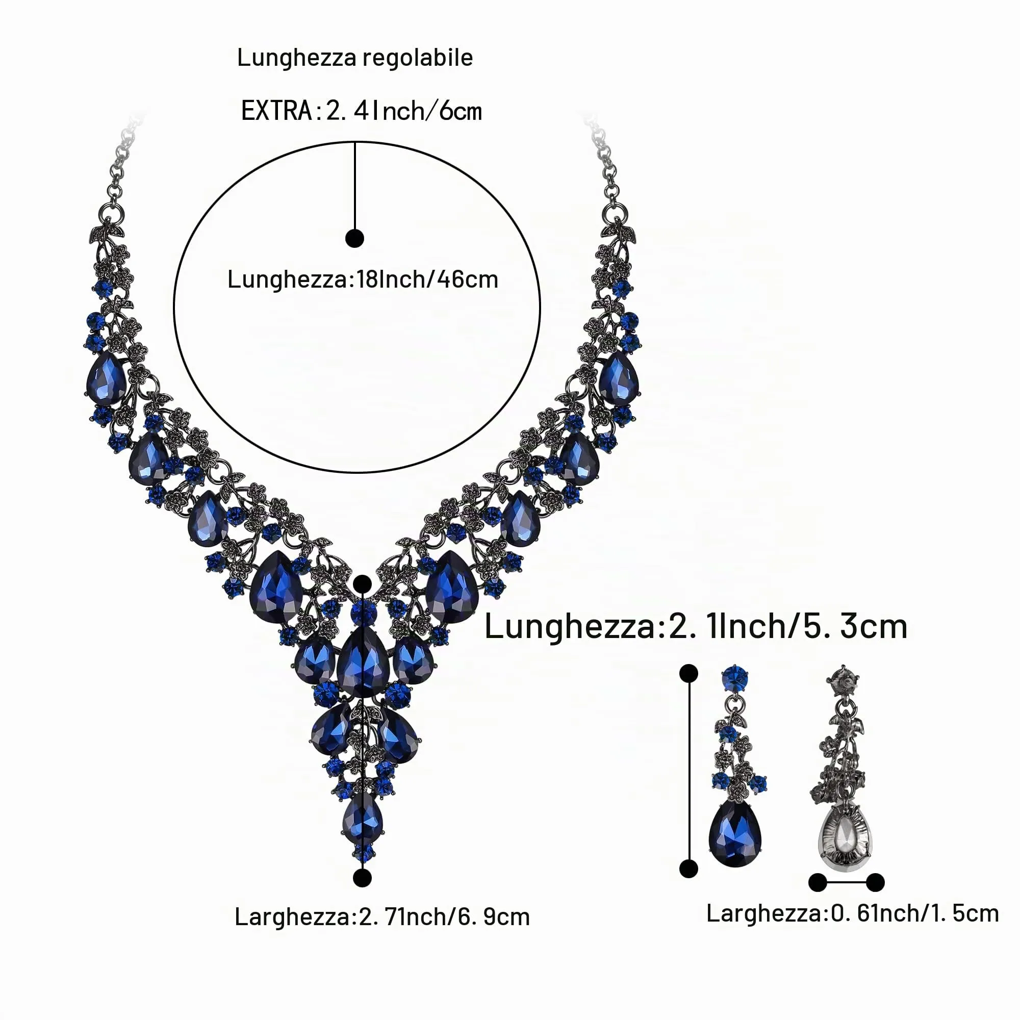 Clearine Set Gioielli Sposa Collana e Orecchini a Goccia in Strass, Zaffiro Colore Nero-Fondo - immagine 4