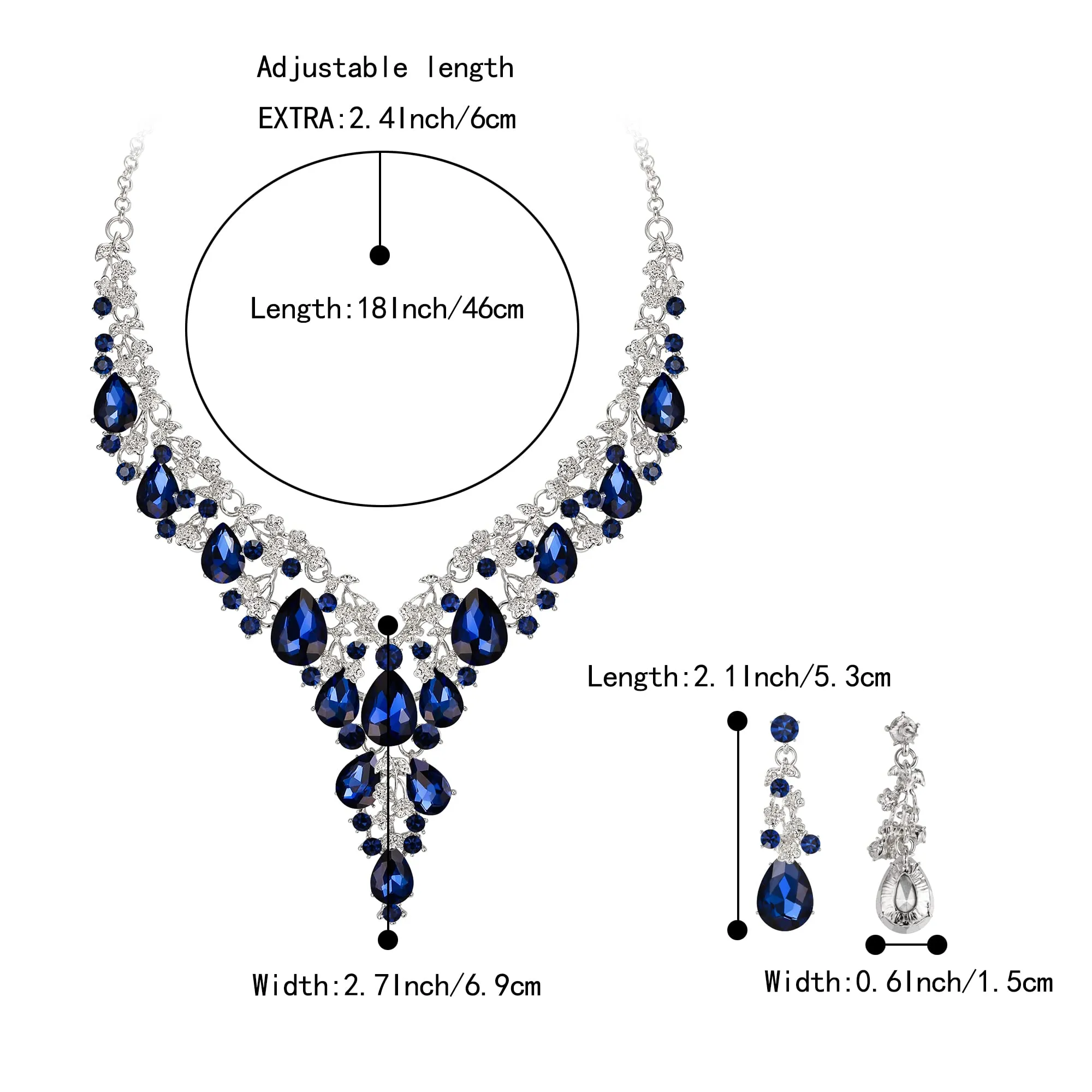 Clearine Set Gioielli Sposa Collana e Orecchini a Goccia Strass Cluster, Colore Zaffiro Fondo Argento - immagine 4