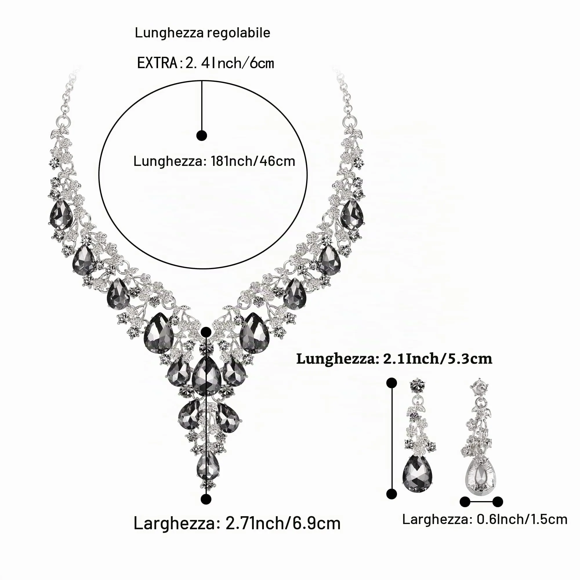 Clearine Set di Gioielli per Sposa con Collana e Orecchini a Goccia in Strass, Grigio Argento-Fondo - immagine 4