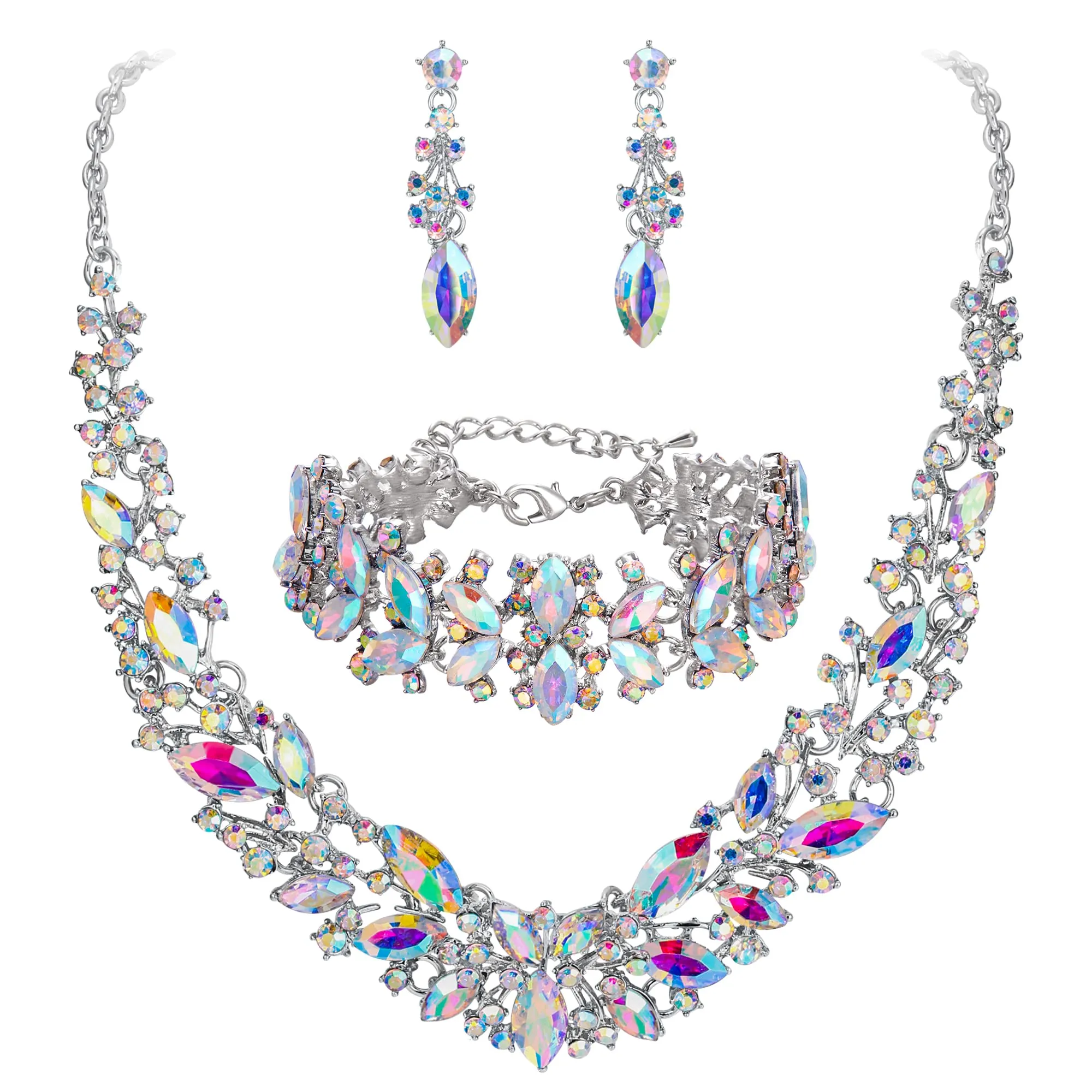 Clearine Set di Gioielli da Sposa con Cristalli Marquise, Collana, Orecchini e Bracciale in Lega di Argento - immagine 1