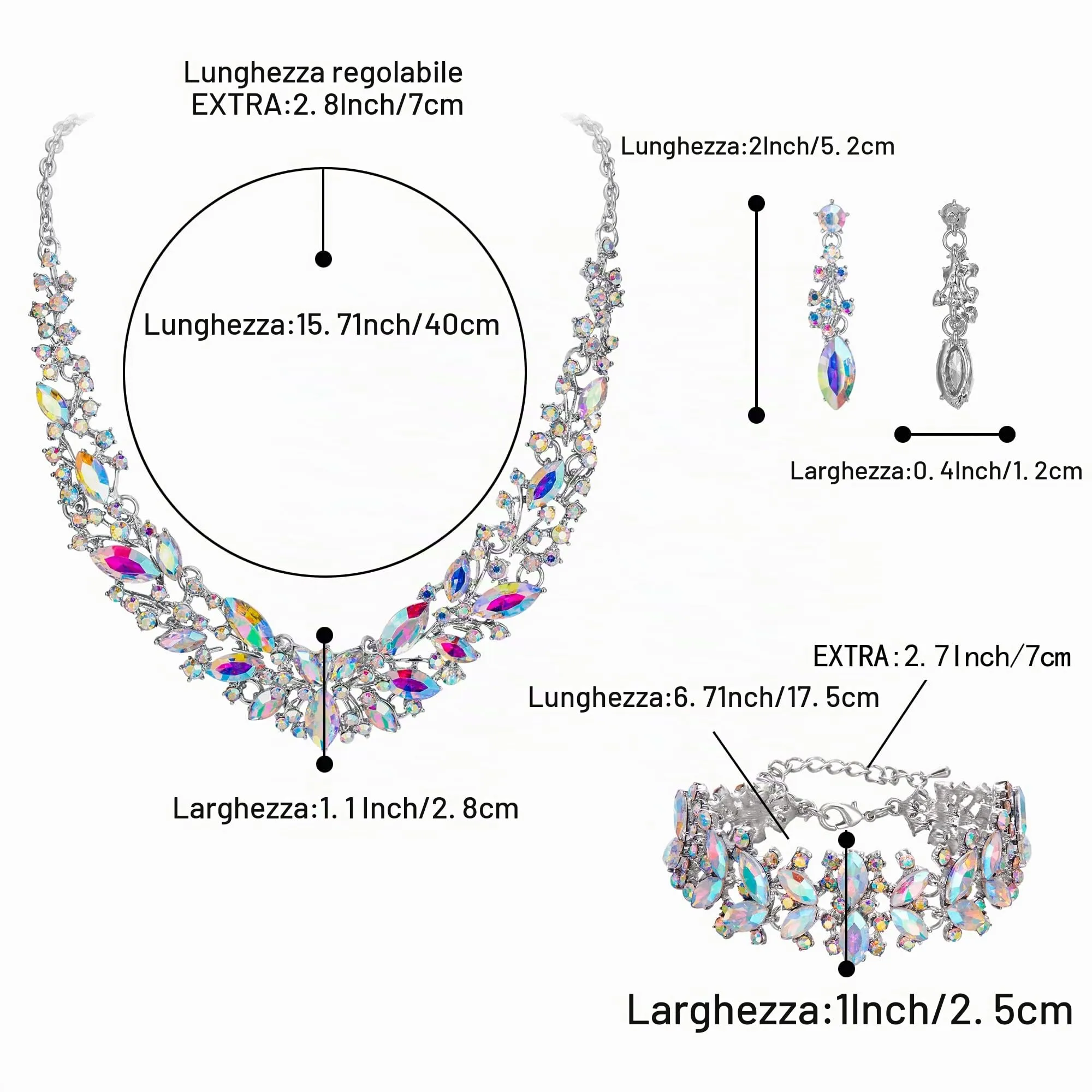 Clearine Set di Gioielli da Sposa con Cristalli Marquise, Collana, Orecchini e Bracciale in Lega di Argento - immagine 4