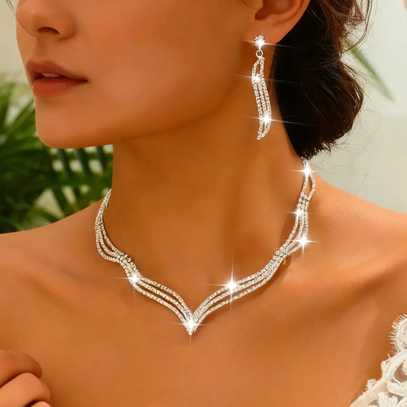 Fashband Parure di gioielli da sposa in cristallo con collana e orecchini di strass da donna - immagine 4