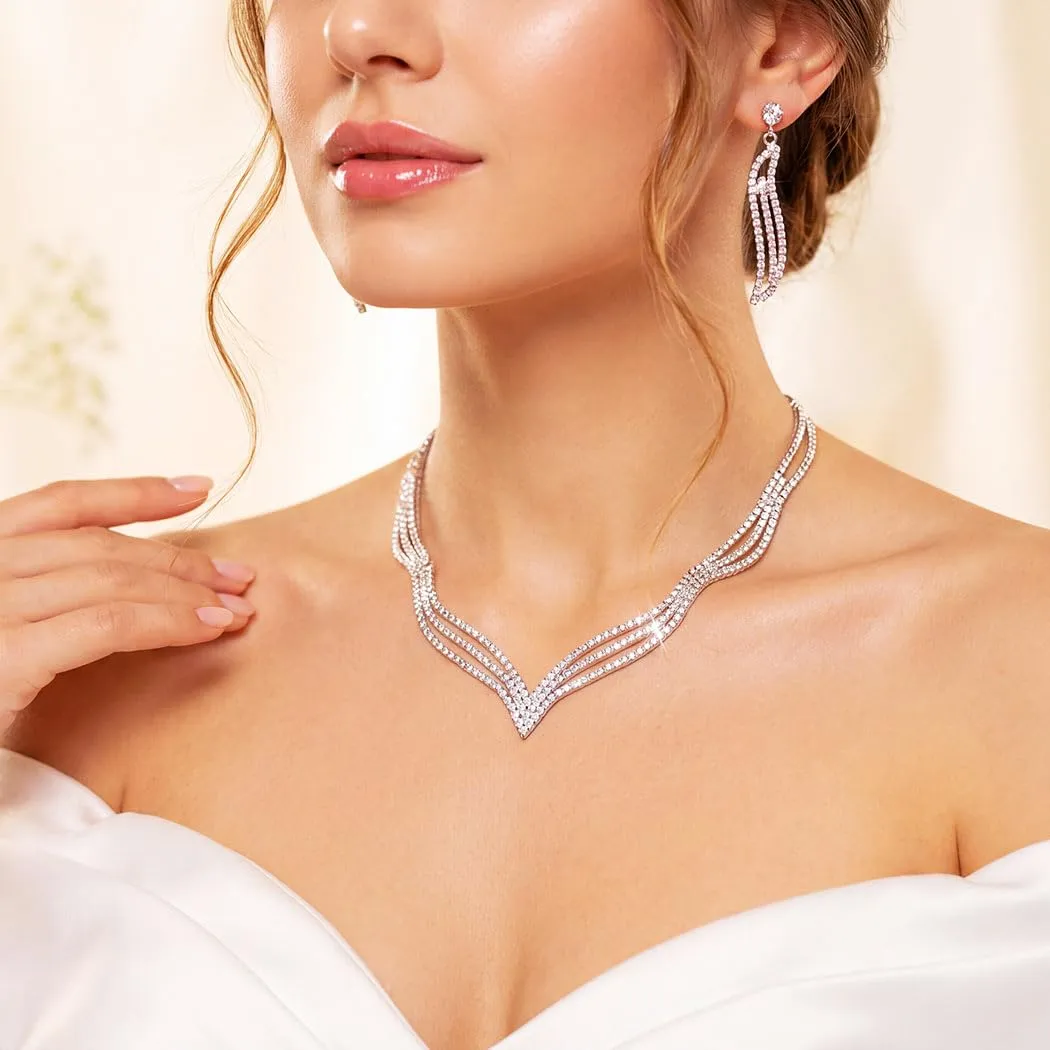 Fashband Parure di gioielli da sposa in cristallo con collana e orecchini di strass da donna - immagine 7