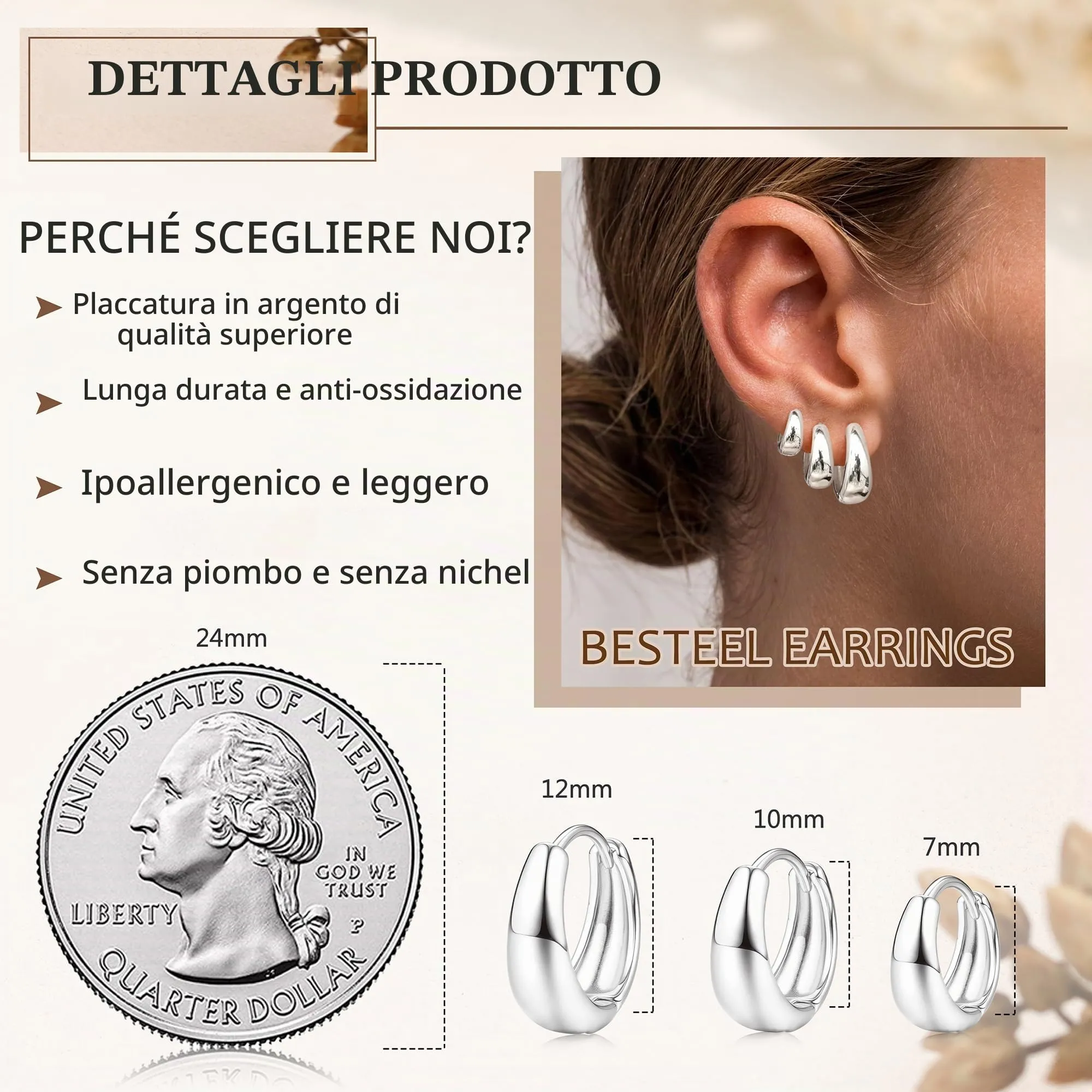 Chriscoco Set Orecchini a Cerchio Donna, Oro e Argento, Ipoallergenici - immagine 5