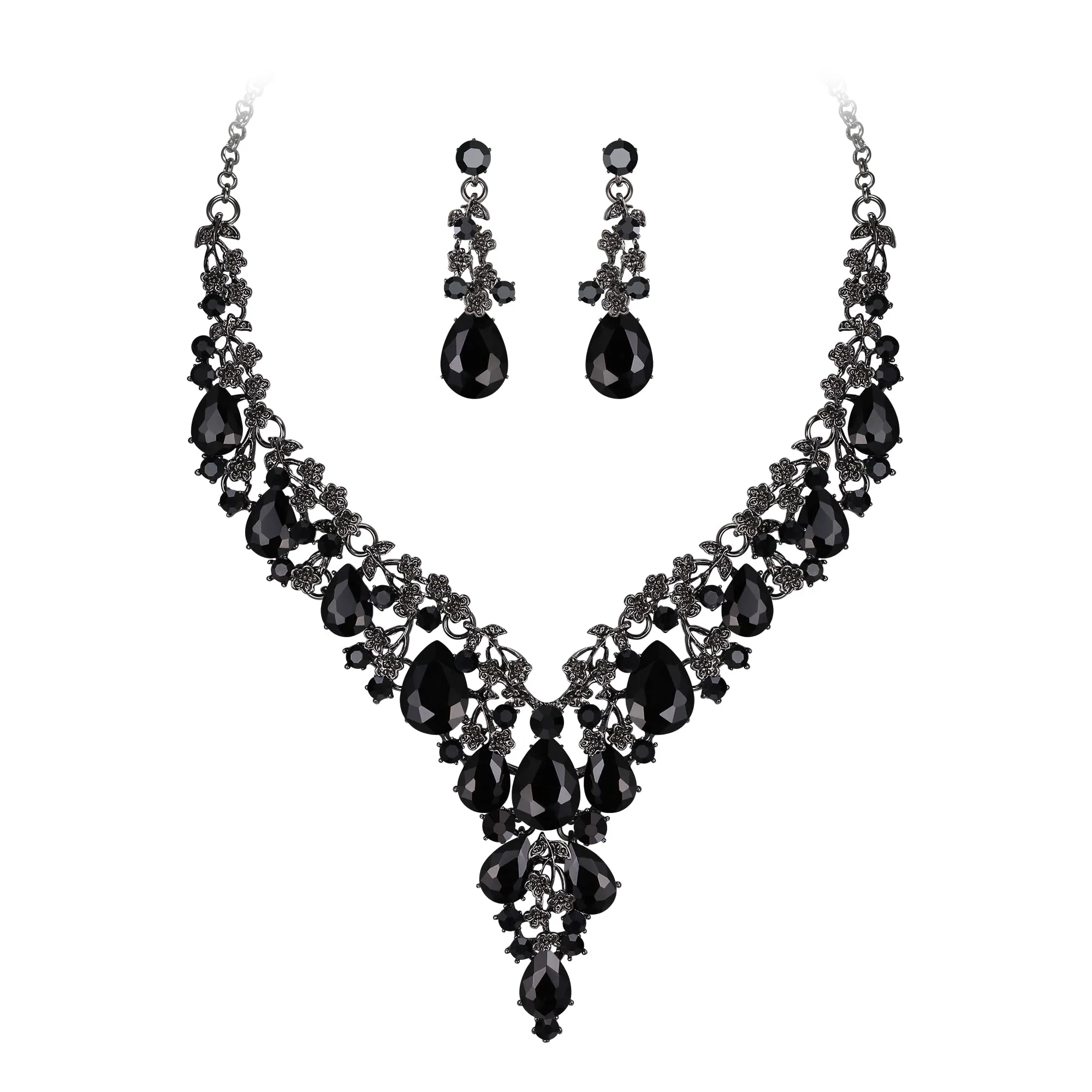 Clearine Set Gioielli Sposa Collana e Orecchini Pendenti Goccia Strass Nero - immagine 1