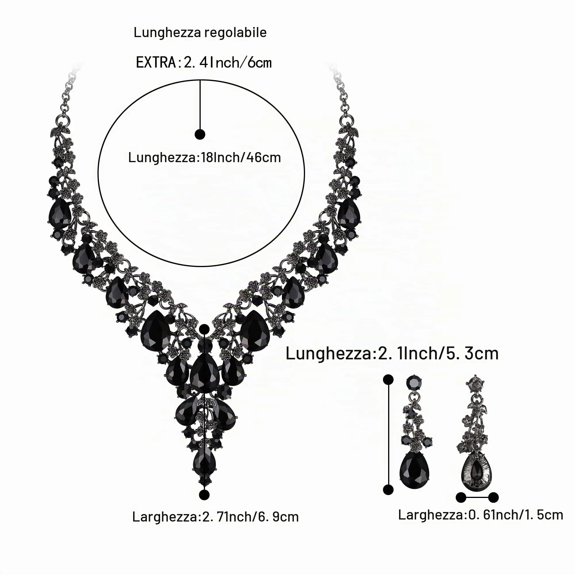 Clearine Set Gioielli Sposa Collana e Orecchini Pendenti Goccia Strass Nero - immagine 4