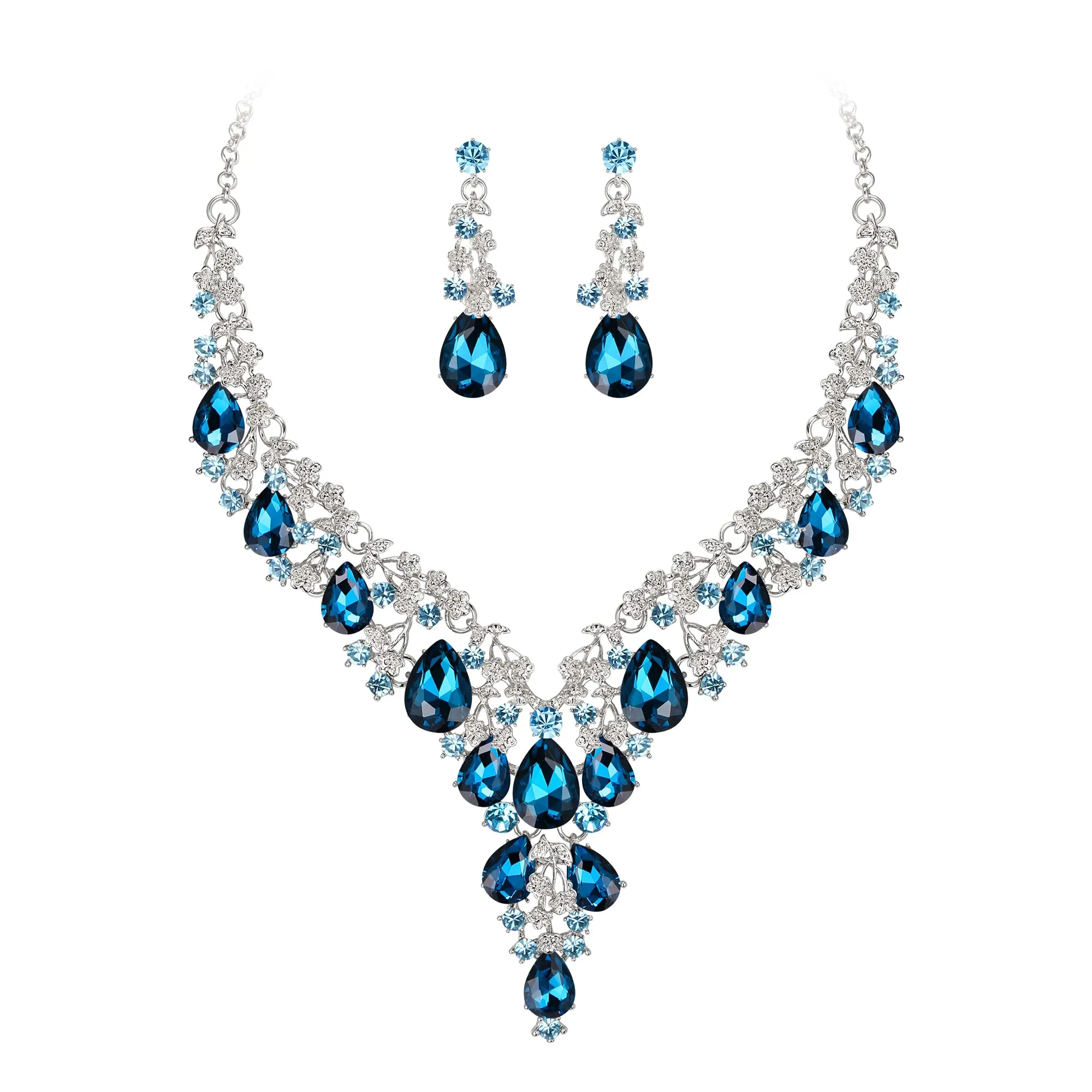Clearine Set di Gioielli per Sposa con Collana e Orecchini Pendenti a Goccia in Strass, Blu Topazio Argento-Fondo - immagine 1