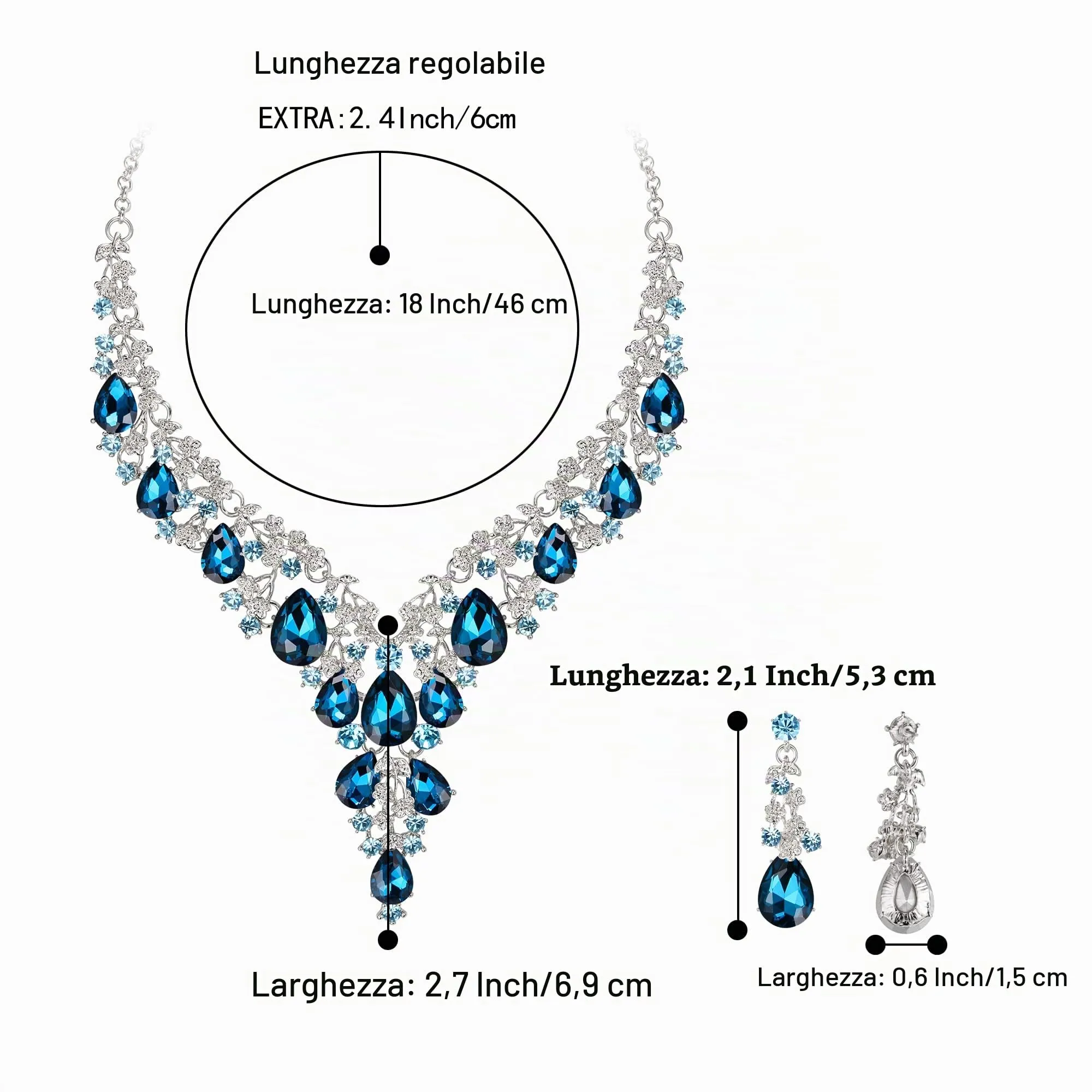 Clearine Set di Gioielli per Sposa con Collana e Orecchini Pendenti a Goccia in Strass, Blu Topazio Argento-Fondo - immagine 4