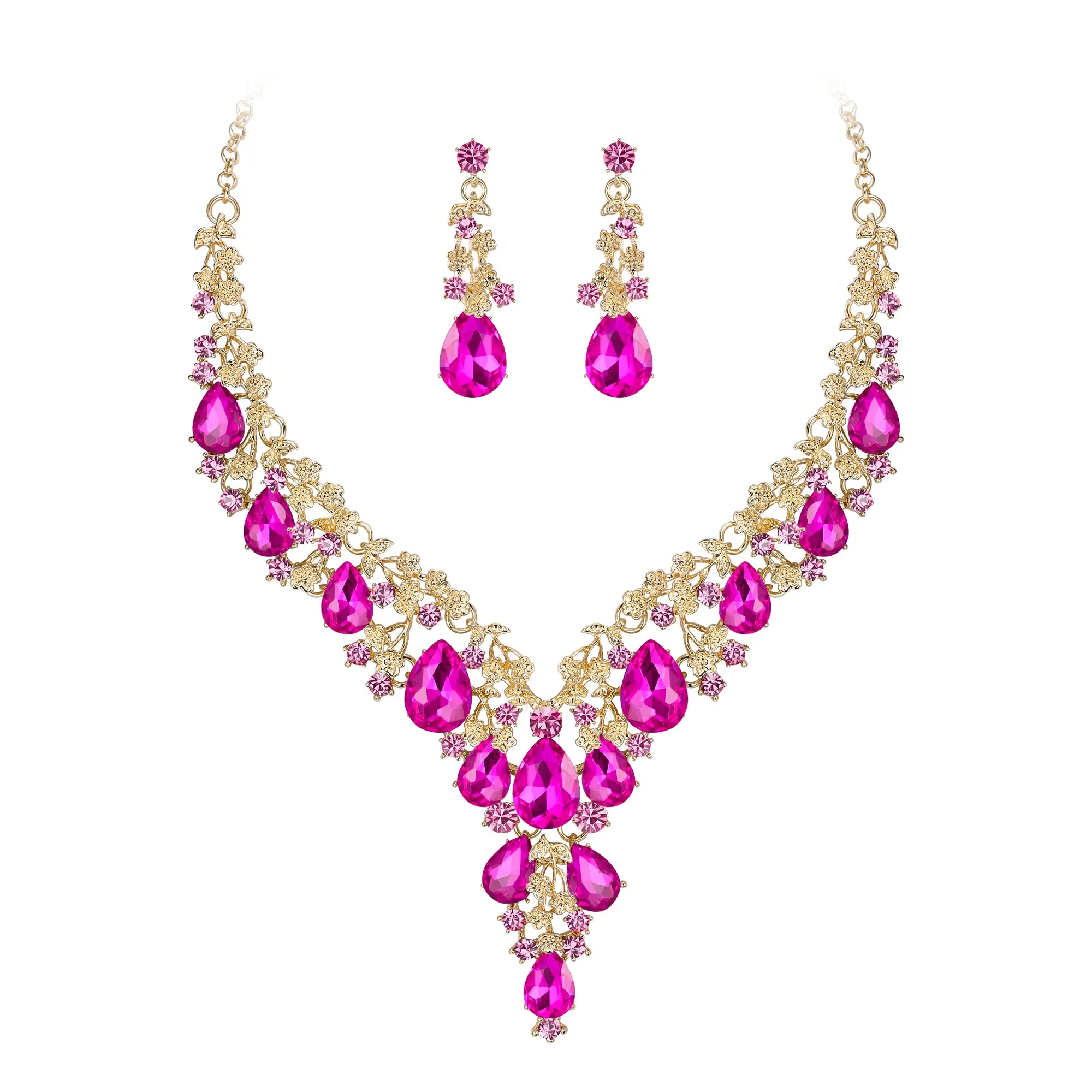 Clearine Set Gioielli Sposa Collana e Orecchini a Goccia Strass Fucsia Oro-Fondo - immagine 1