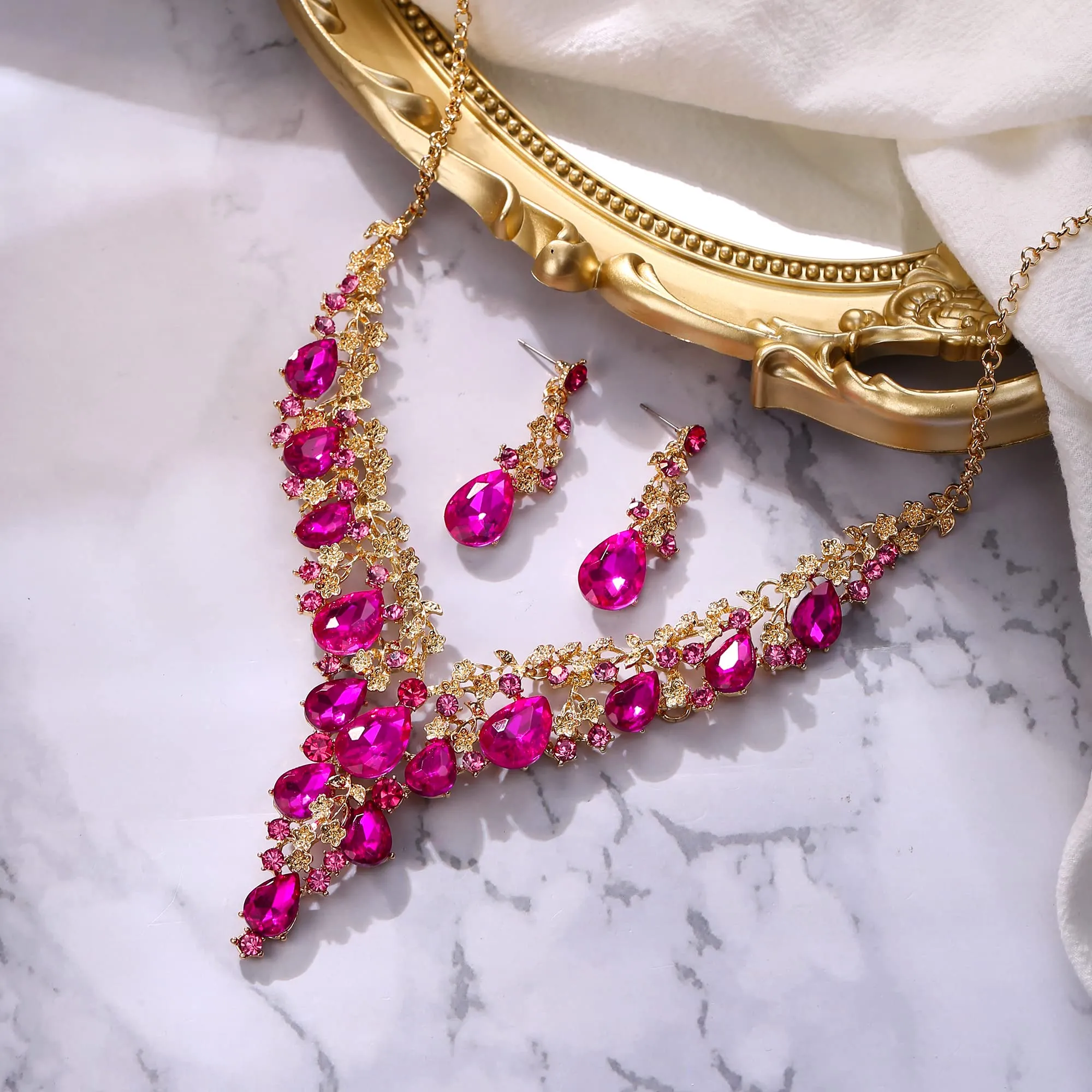 Clearine Set Gioielli Sposa Collana e Orecchini a Goccia Strass Fucsia Oro-Fondo - immagine 3
