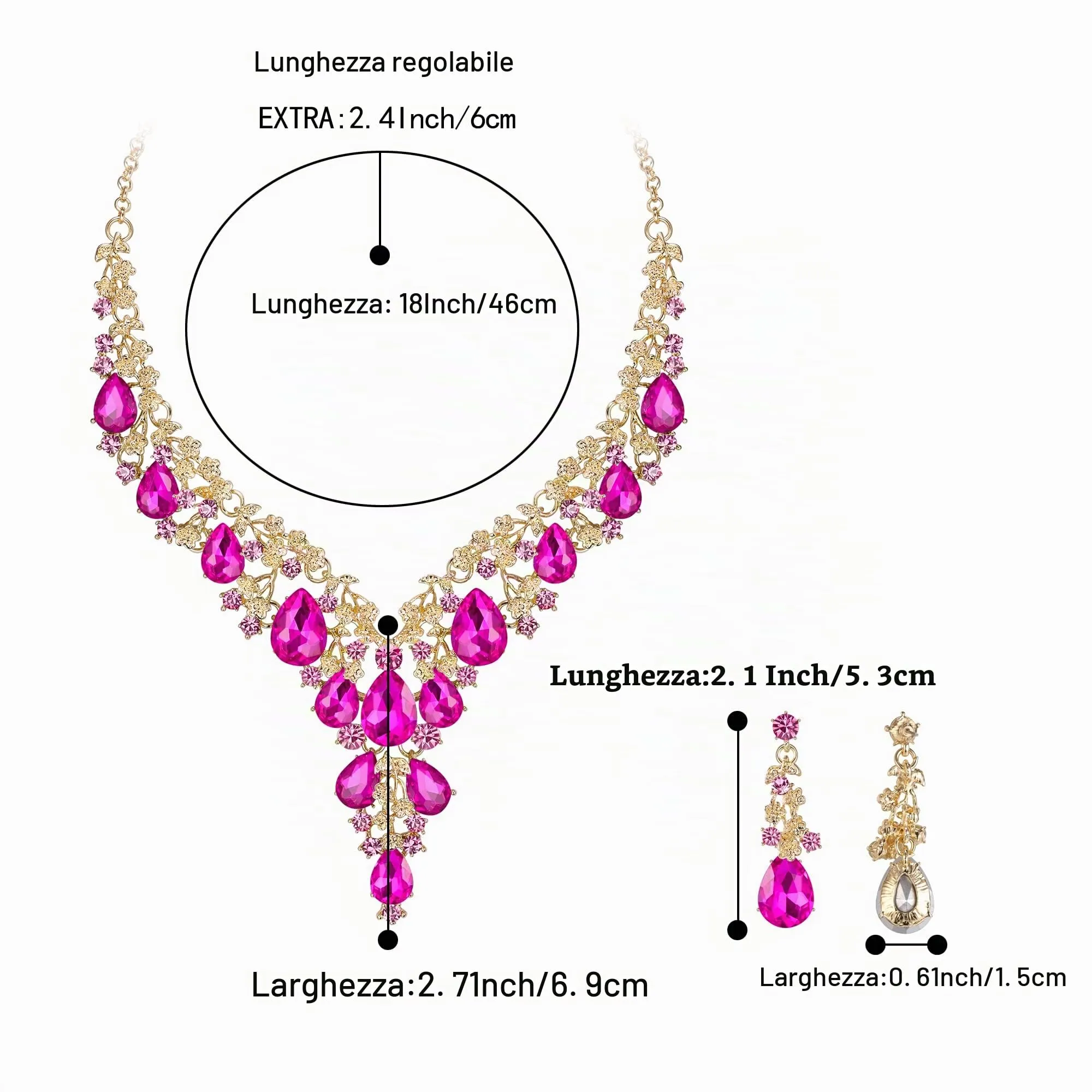 Clearine Set Gioielli Sposa Collana e Orecchini a Goccia Strass Fucsia Oro-Fondo - immagine 4