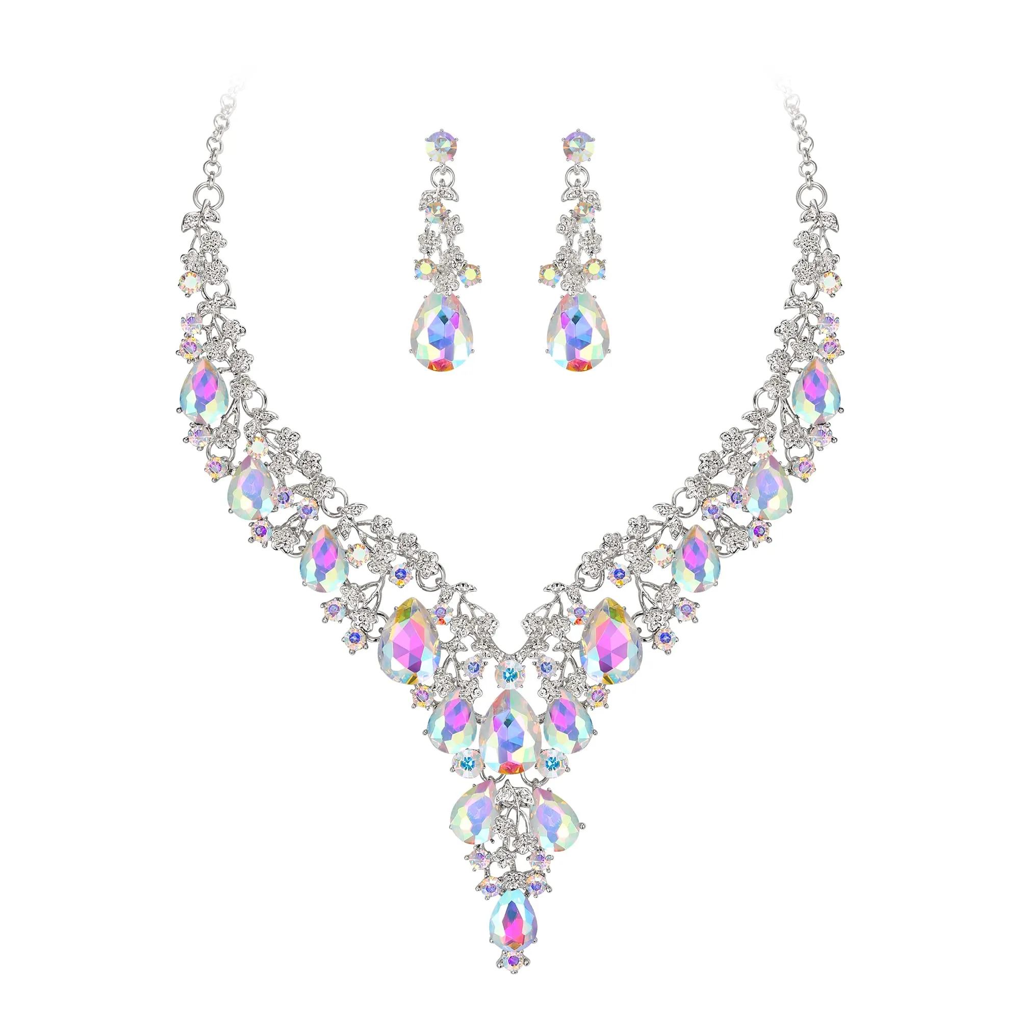 Clearine Set di Gioielli per Sposa con Collana e Orecchini a Goccia in Strass Cluster Iridescente AB Argento-Fondo - immagine 1