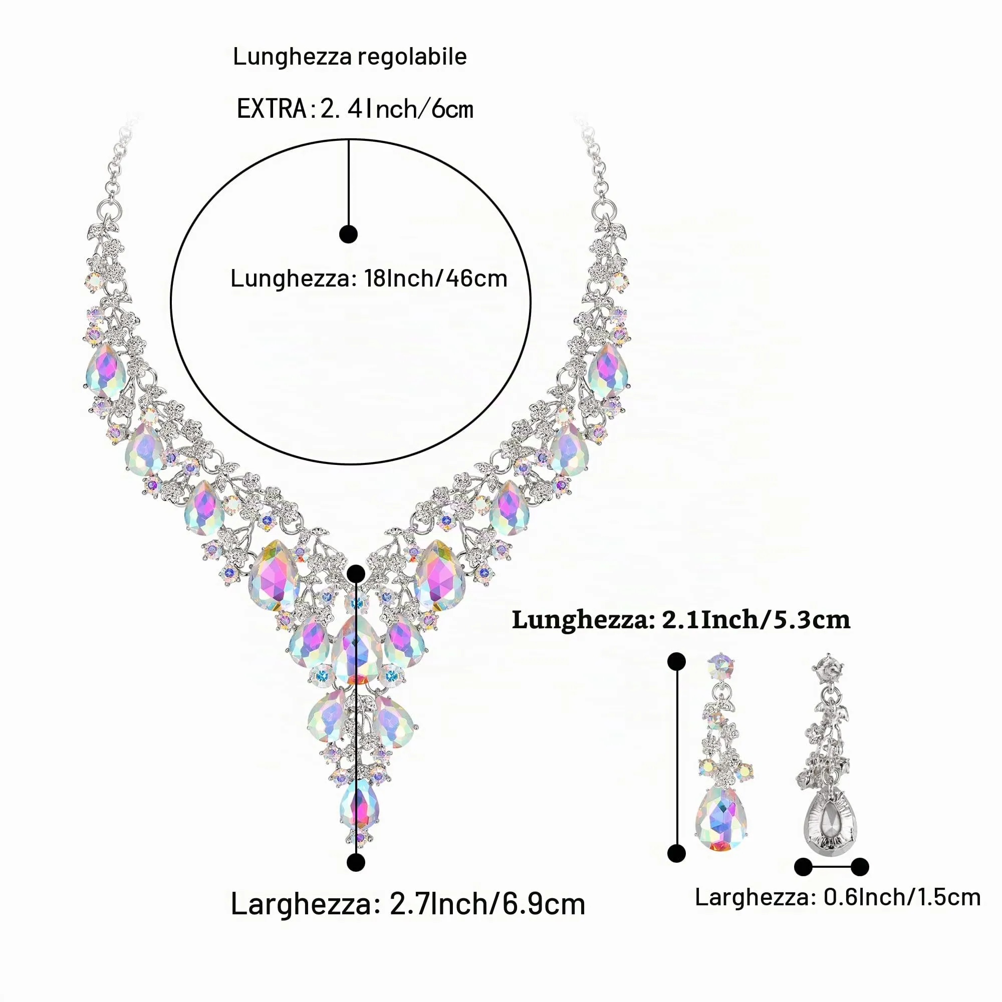 Clearine Set di Gioielli per Sposa con Collana e Orecchini a Goccia in Strass Cluster Iridescente AB Argento-Fondo - immagine 4