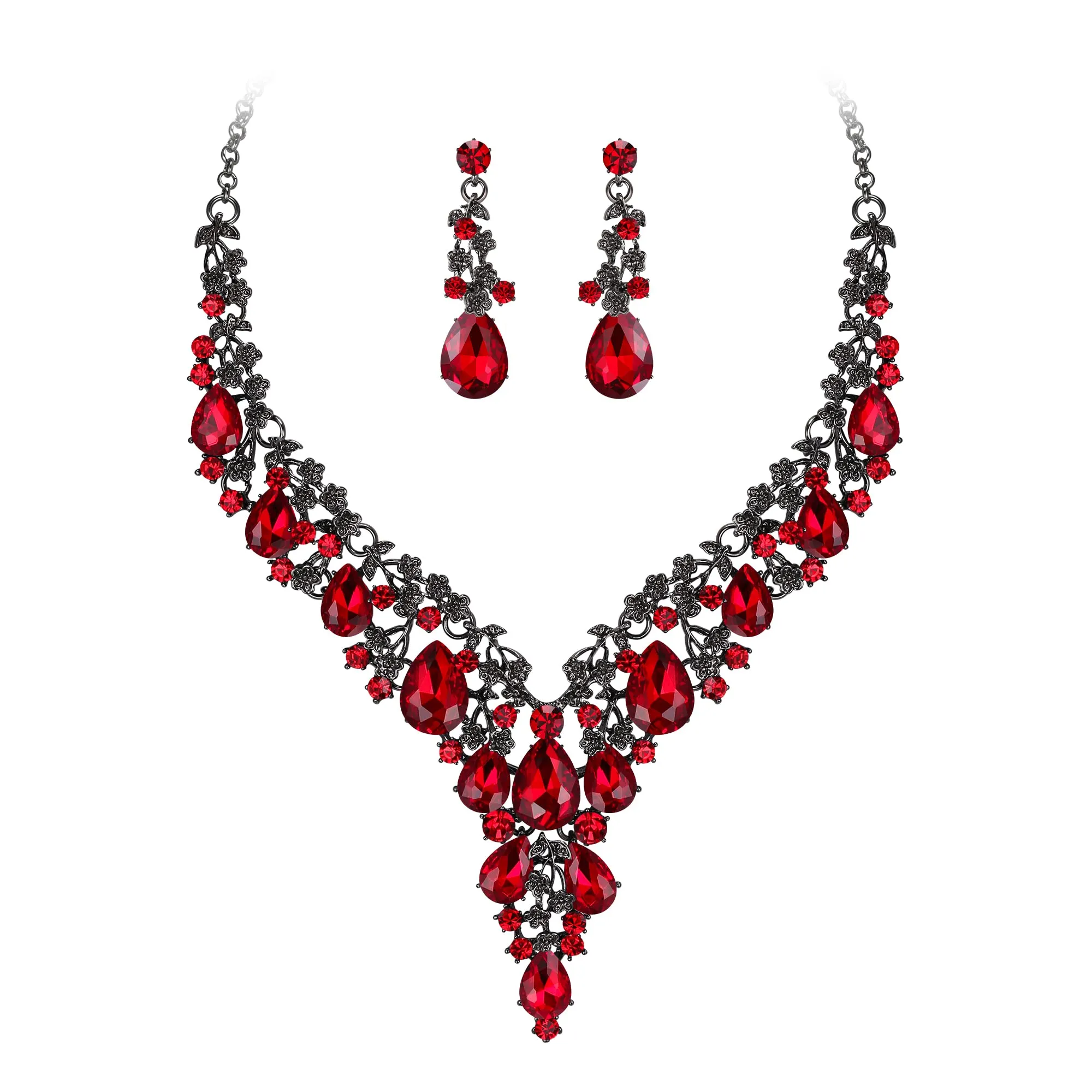 Clearine Set Gioielli Sposa Collana e Orecchini Pendenti Strass Goccia Rosso Colore Nero-Fondo - immagine 1