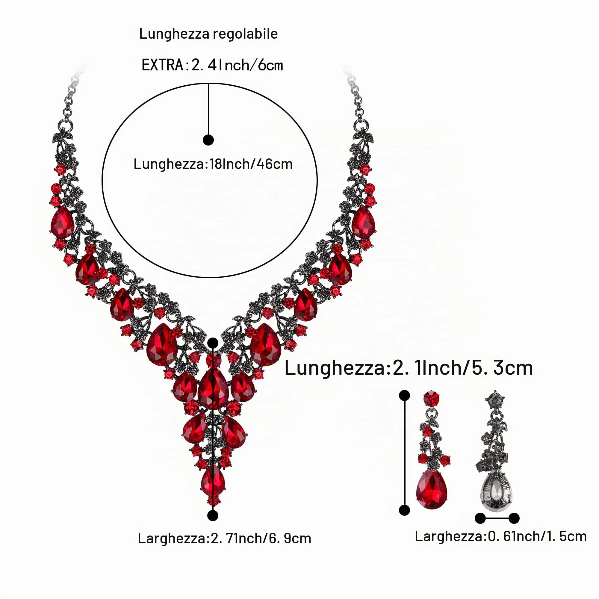 Clearine Set Gioielli Sposa Collana e Orecchini Pendenti Strass Goccia Rosso Colore Nero-Fondo - immagine 4