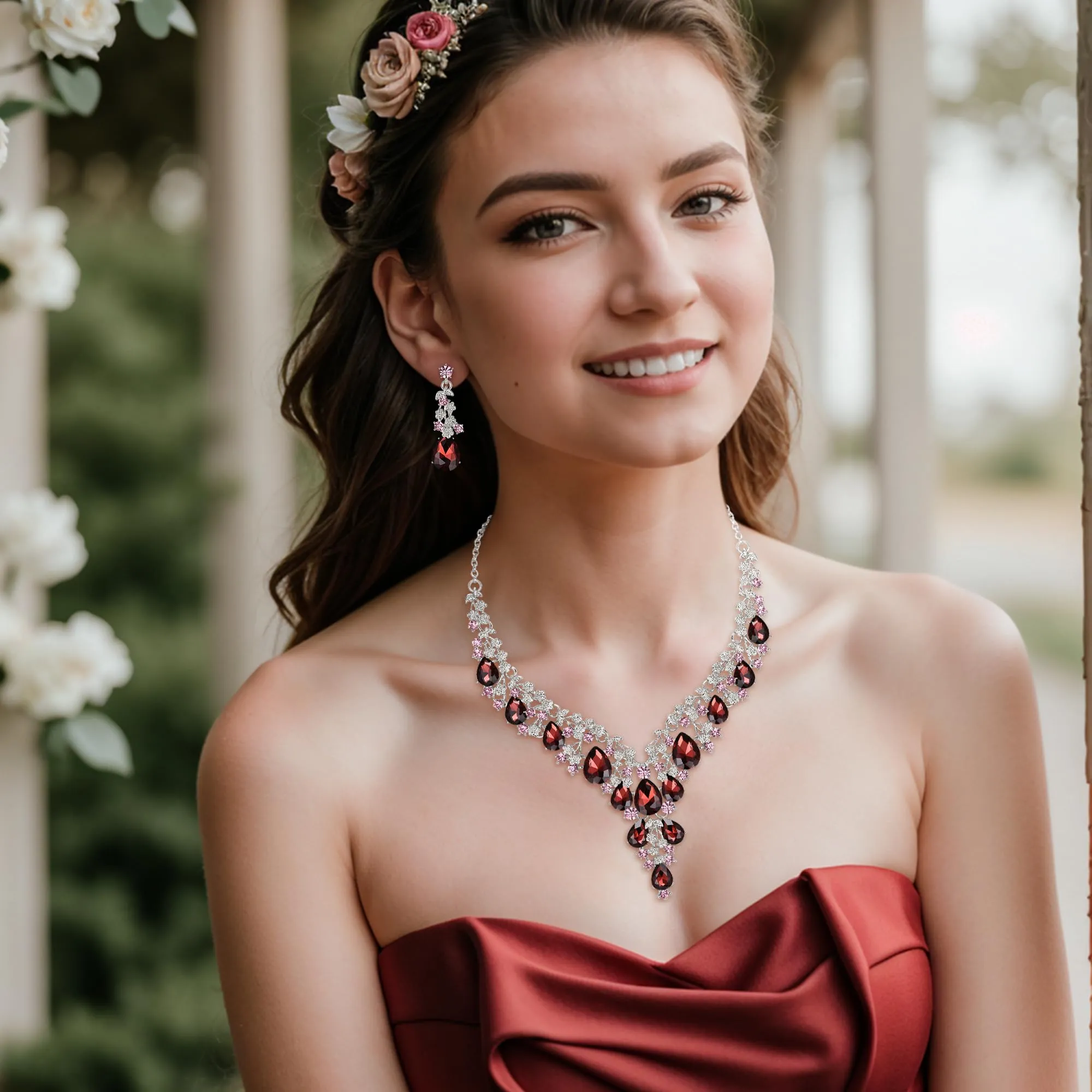 Clearine Set di Collana e Orecchini da Matrimonio con Cristalli e Stras, Argento - immagine 2