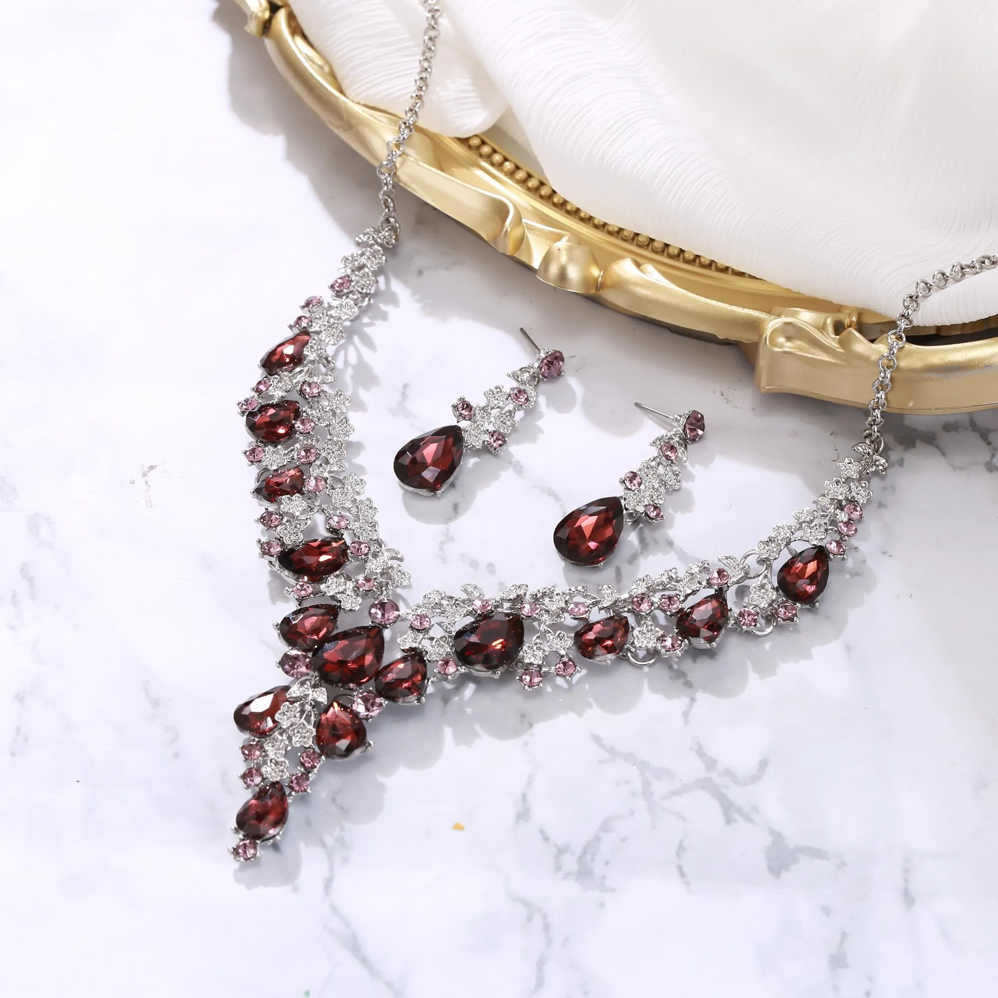 Clearine Set di Collana e Orecchini da Matrimonio con Cristalli e Stras, Argento - immagine 3