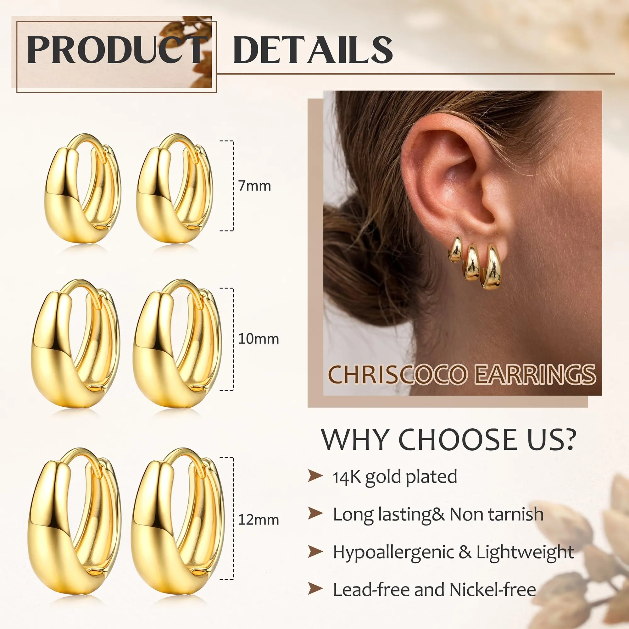 Chriscoco Orecchini a Cerchio Donna in Oro 14K Ipoallergenici, 7mm/10mm/12mm - immagine 5