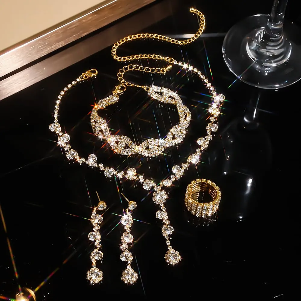 XFSRG Set Gioielli Donna con Collana, Orecchini, Bracciale e Anello, Cristalli, Oro, 4 pezzi - immagine 4