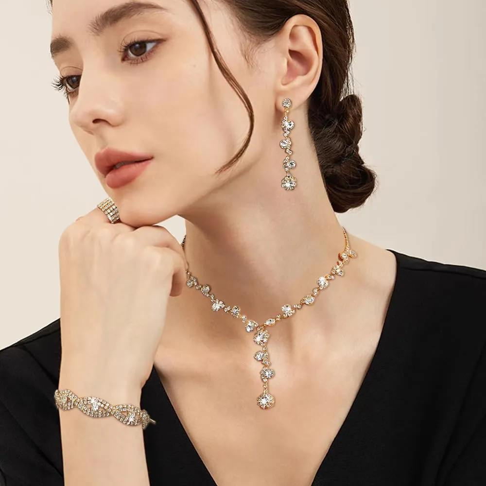 XFSRG Set Gioielli Donna con Collana, Orecchini, Bracciale e Anello, Cristalli, Oro, 4 pezzi - immagine 8
