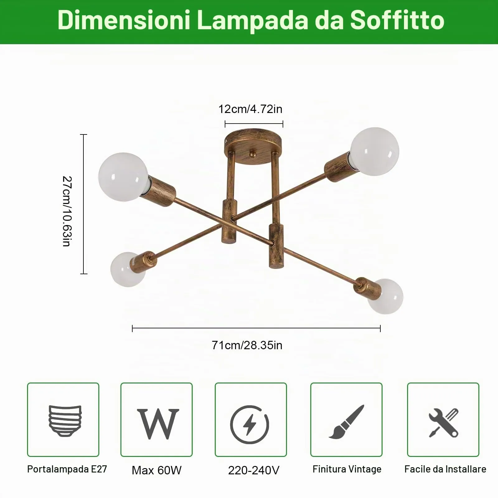 Comely Lampadario Sputnik Vintage, Plafoniera Industriale a 4 Luci E27, Bronzo - immagine 2