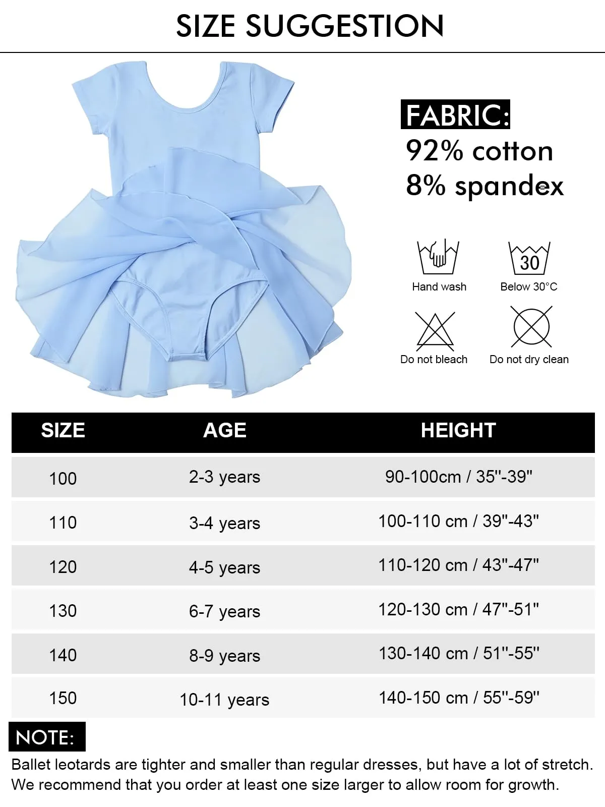 PLIKSUVER Abito da danza per bambina in cotone e chiffon, Blu, 150 cm - immagine 3