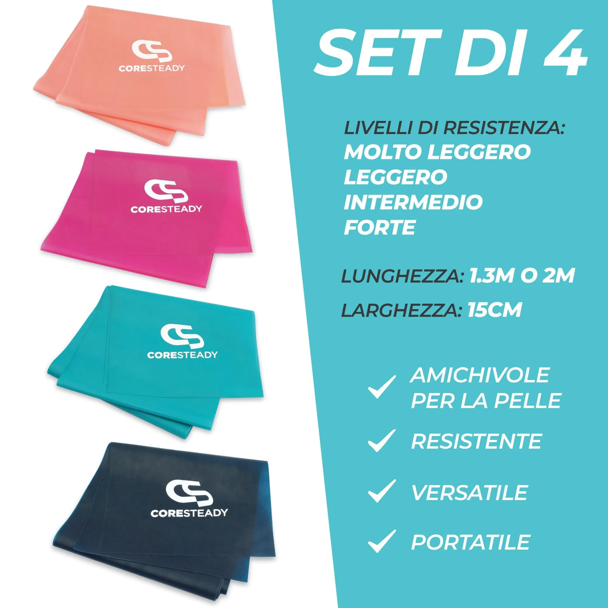 Coresteady Elastici Fitness - Set 5 Livelli di Resistenza, 2 Metri - immagine 2