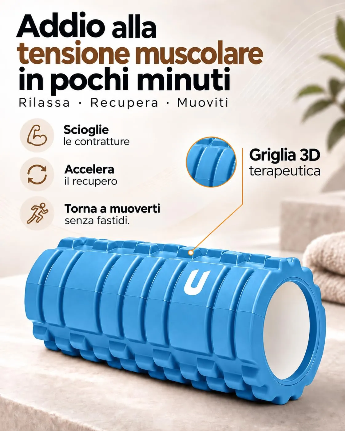 unycos Foam Roller in EVA Dura, 33x14 cm (Azzurro) - immagine 2