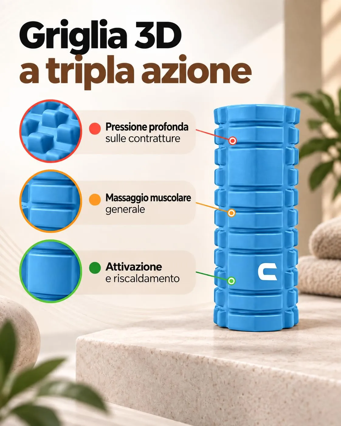 unycos Foam Roller in EVA Dura, 33x14 cm (Azzurro) - immagine 3