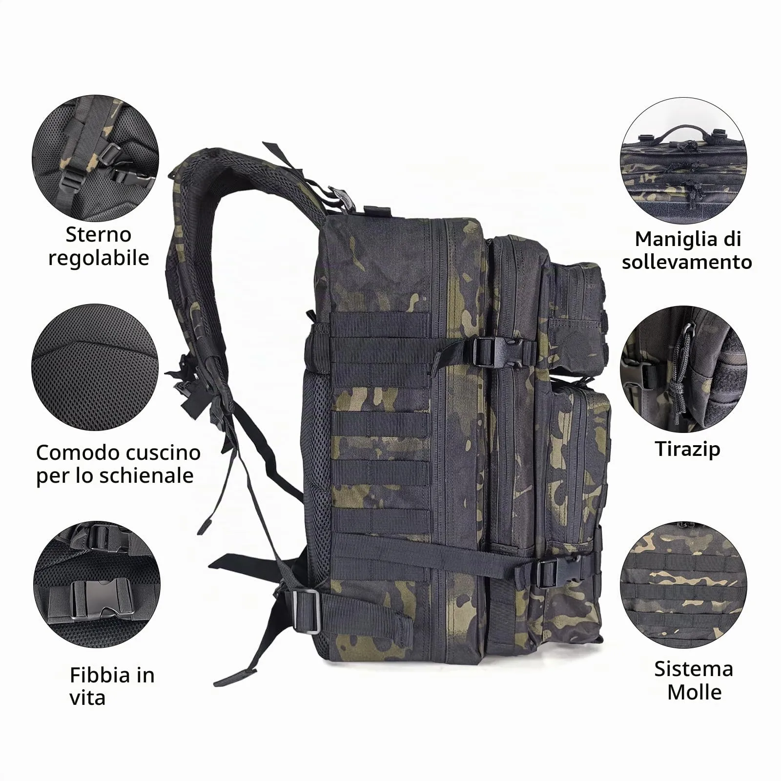 Oreunik Zaino Militare Tattico 45L Impermeabile con Sistema Molle - Mimetico Nero - immagine 2