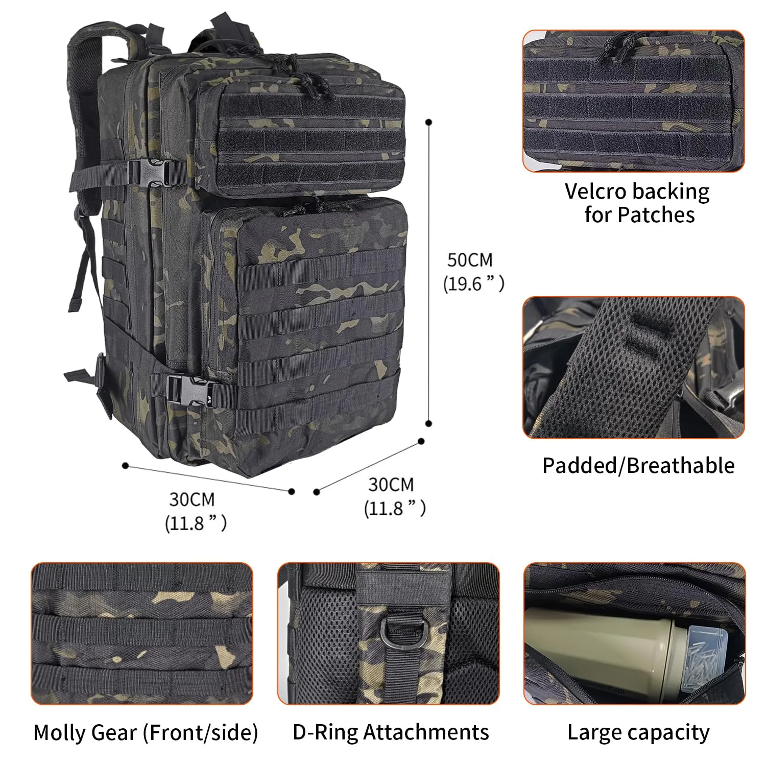 Oreunik Zaino Militare Tattico 45L Impermeabile con Sistema Molle - Mimetico Nero - immagine 3