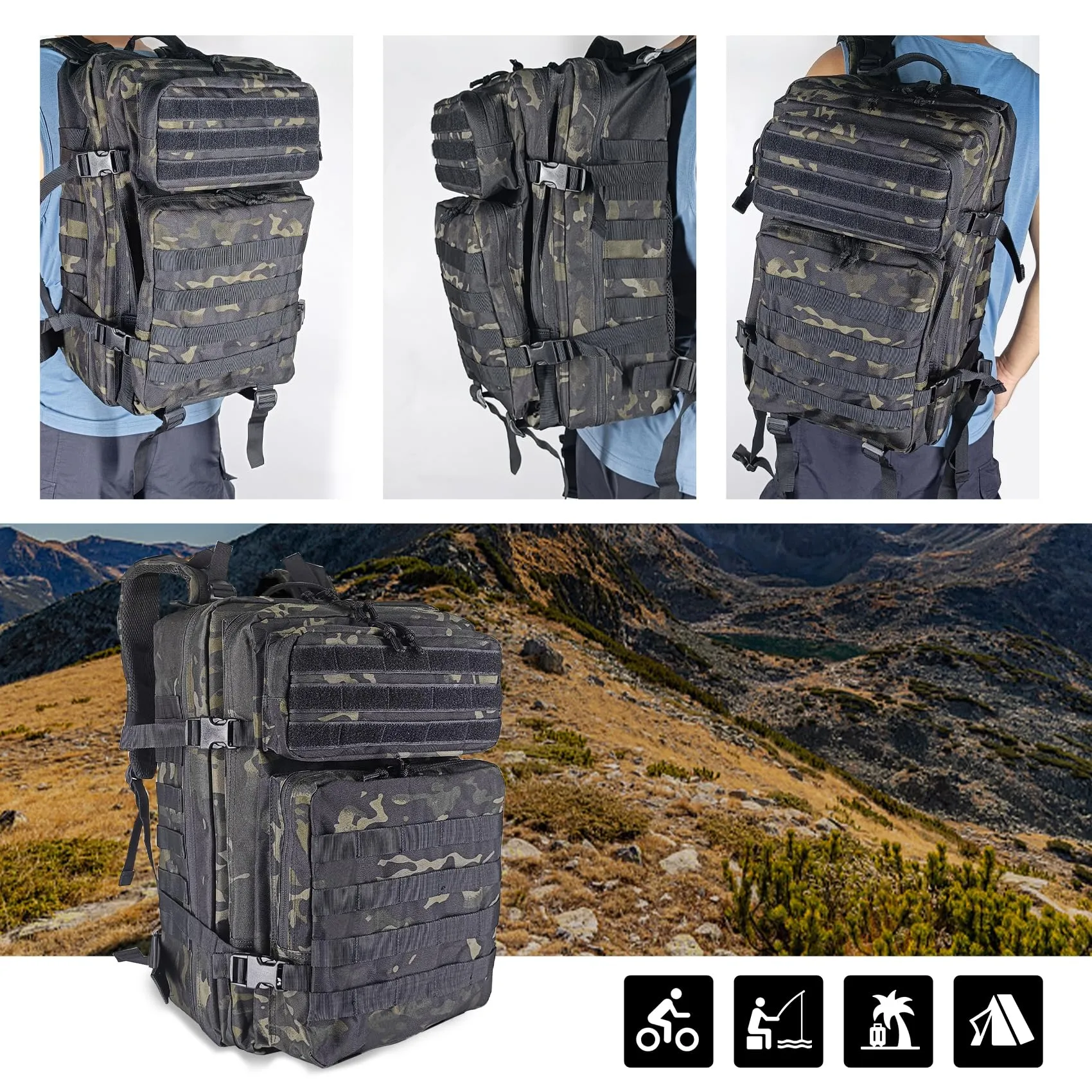 Oreunik Zaino Militare Tattico 45L Impermeabile con Sistema Molle - Mimetico Nero - immagine 6