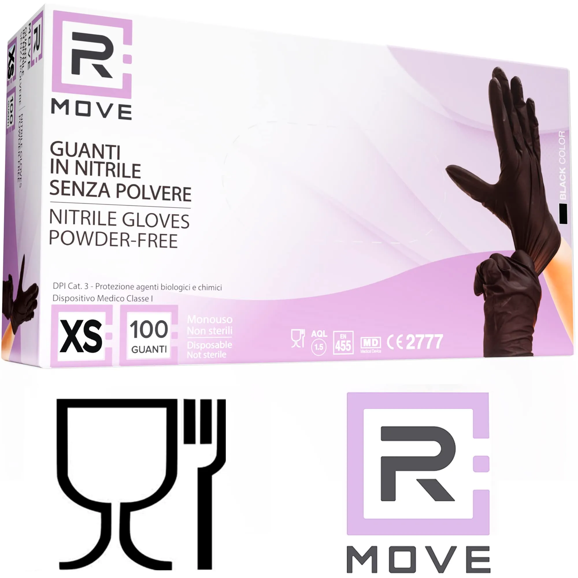 R MOVE Guanti in Nitrile Monouso Neri, Senza Polvere, Senza Lattice, Ipoallergenici, XS, 100 Pezzi - immagine 7