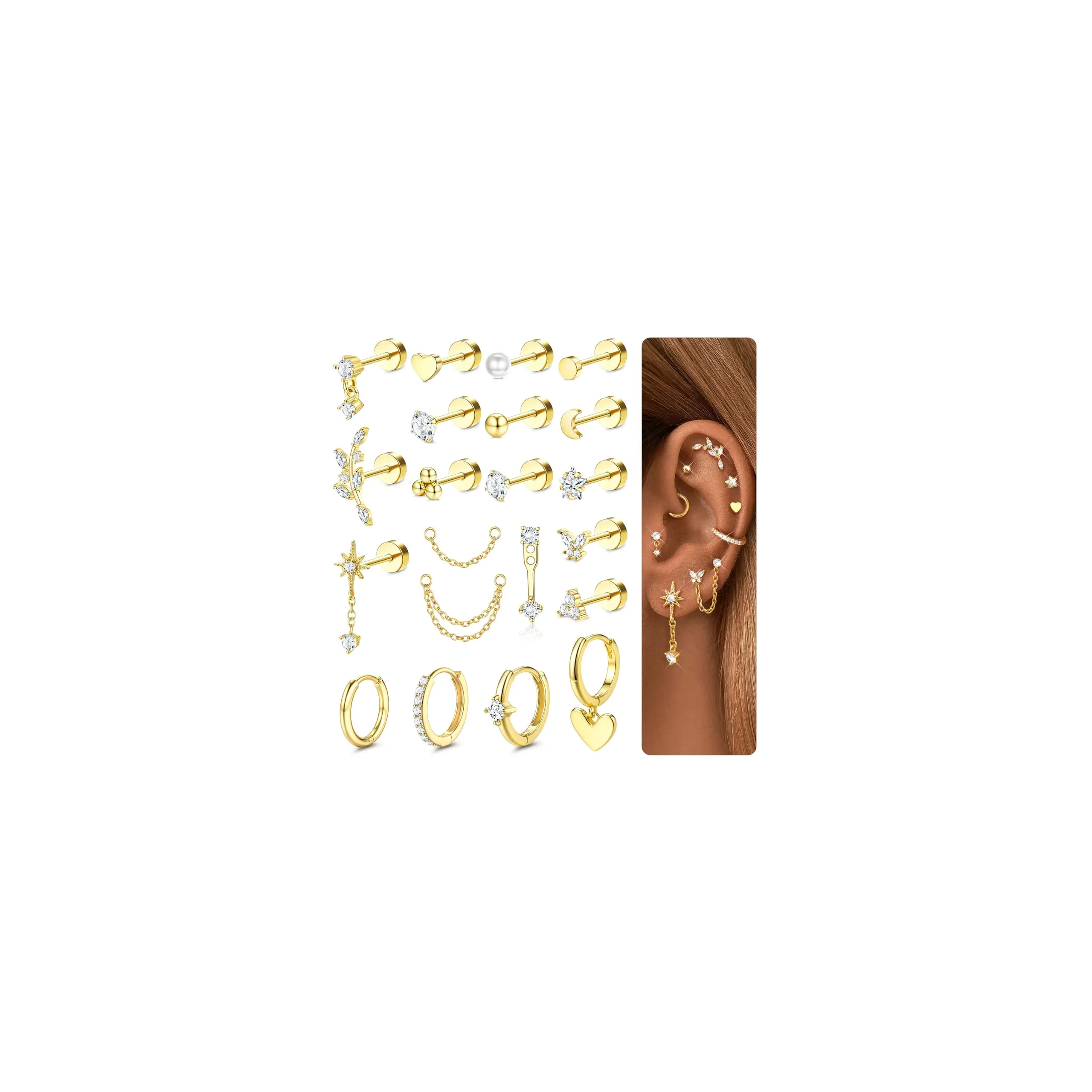 CASSIECA Set 21 Pezzi Orecchini e Piercing in Acciaio Chirurgico 316L Placcati Oro 18k per Helix, Trago, Conch e Lobo - immagine 1