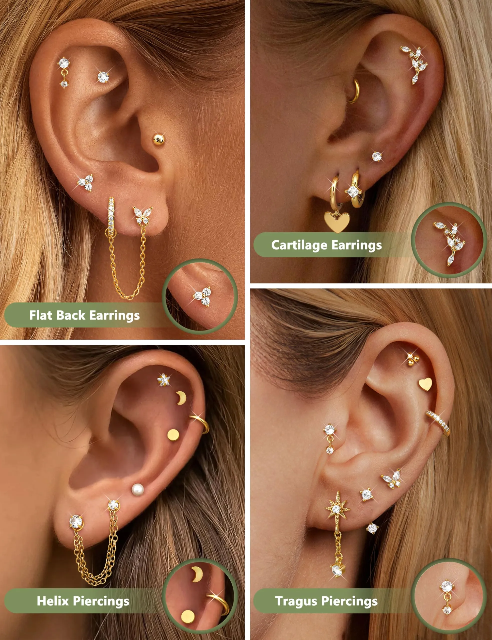 CASSIECA Set 21 Pezzi Orecchini e Piercing in Acciaio Chirurgico 316L Placcati Oro 18k per Helix, Trago, Conch e Lobo - immagine 3