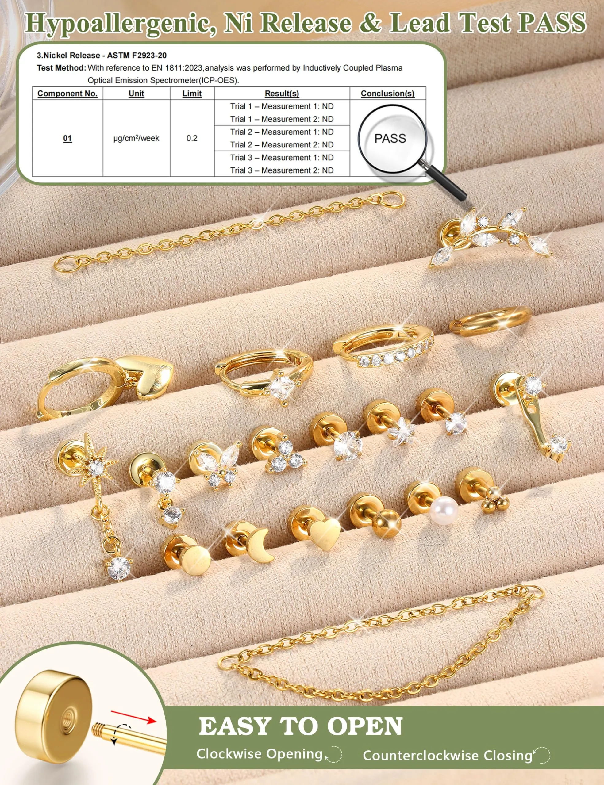 CASSIECA Set 21 Pezzi Orecchini e Piercing in Acciaio Chirurgico 316L Placcati Oro 18k per Helix, Trago, Conch e Lobo - immagine 4