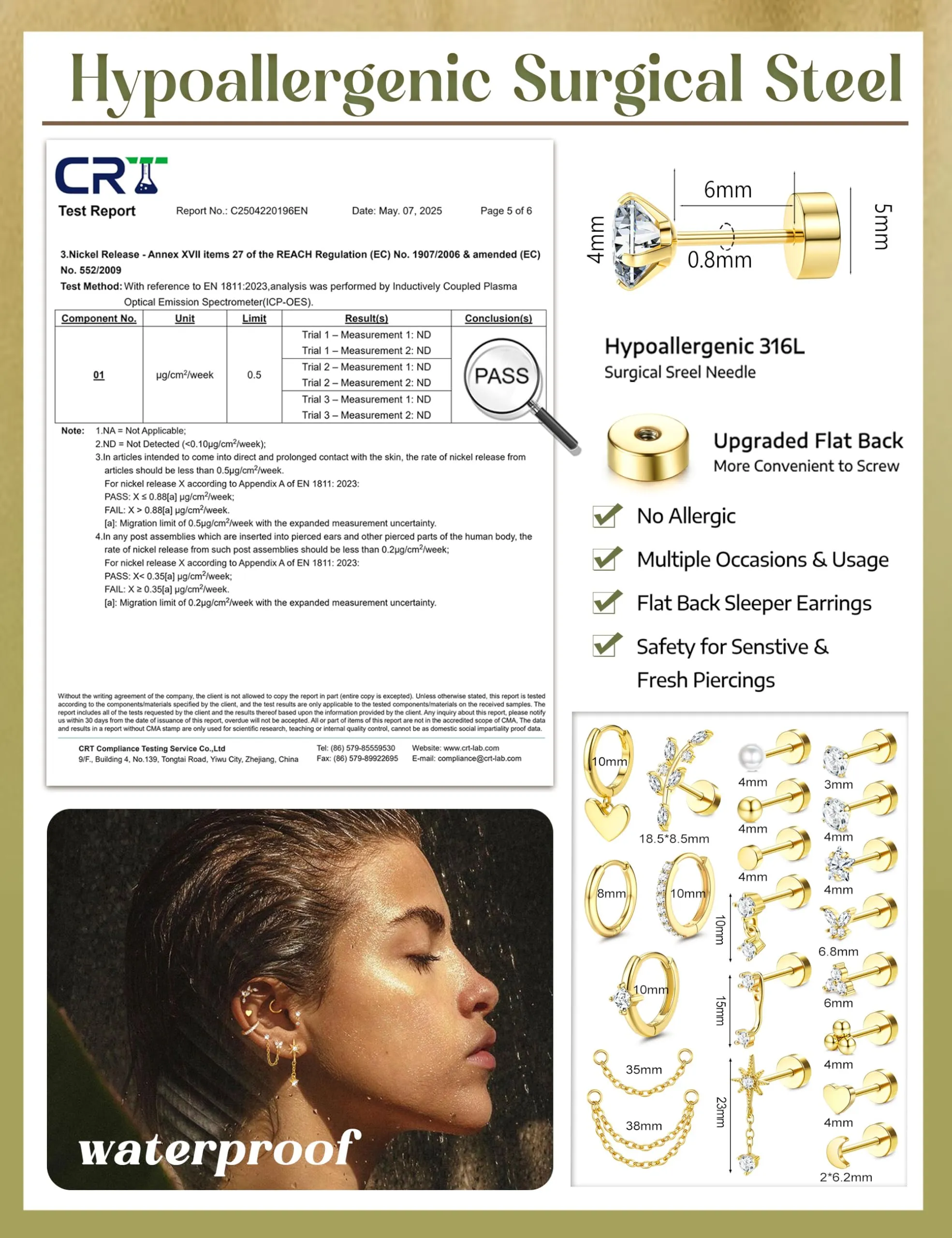 CASSIECA Set 21 Pezzi Orecchini e Piercing in Acciaio Chirurgico 316L Placcati Oro 18k per Helix, Trago, Conch e Lobo - immagine 5