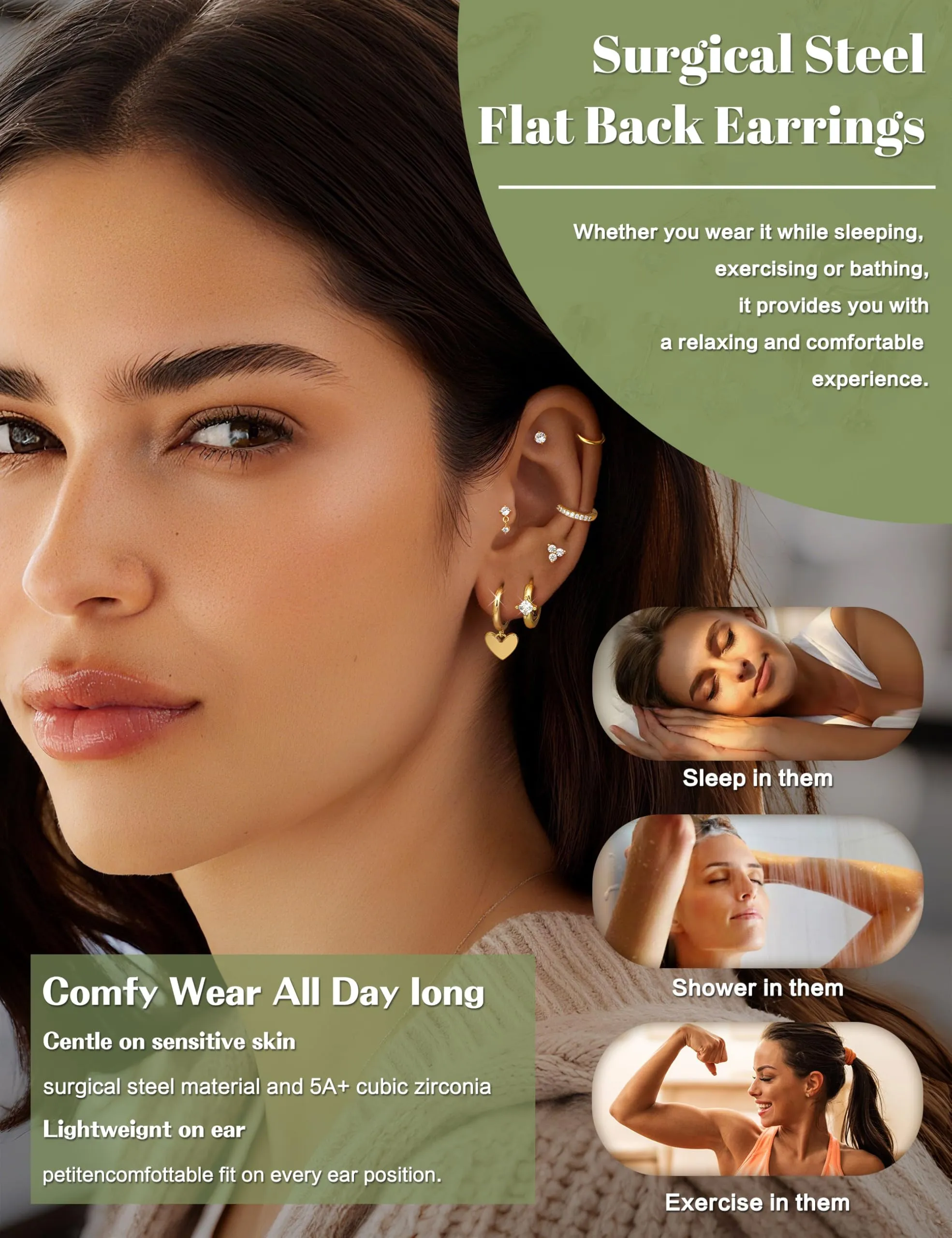 CASSIECA Set 21 Pezzi Orecchini e Piercing in Acciaio Chirurgico 316L Placcati Oro 18k per Helix, Trago, Conch e Lobo - immagine 6