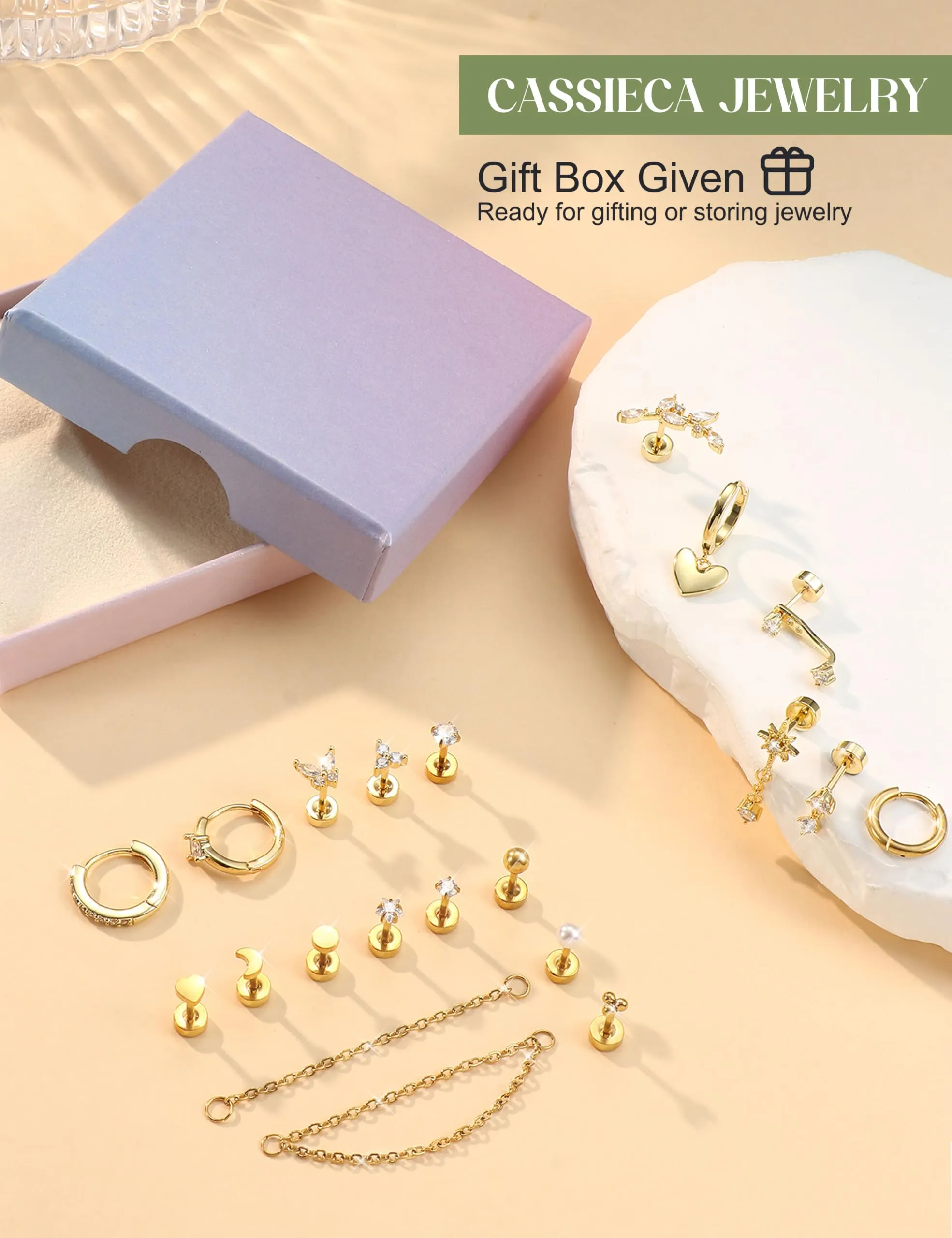 CASSIECA Set 21 Pezzi Orecchini e Piercing in Acciaio Chirurgico 316L Placcati Oro 18k per Helix, Trago, Conch e Lobo - immagine 7